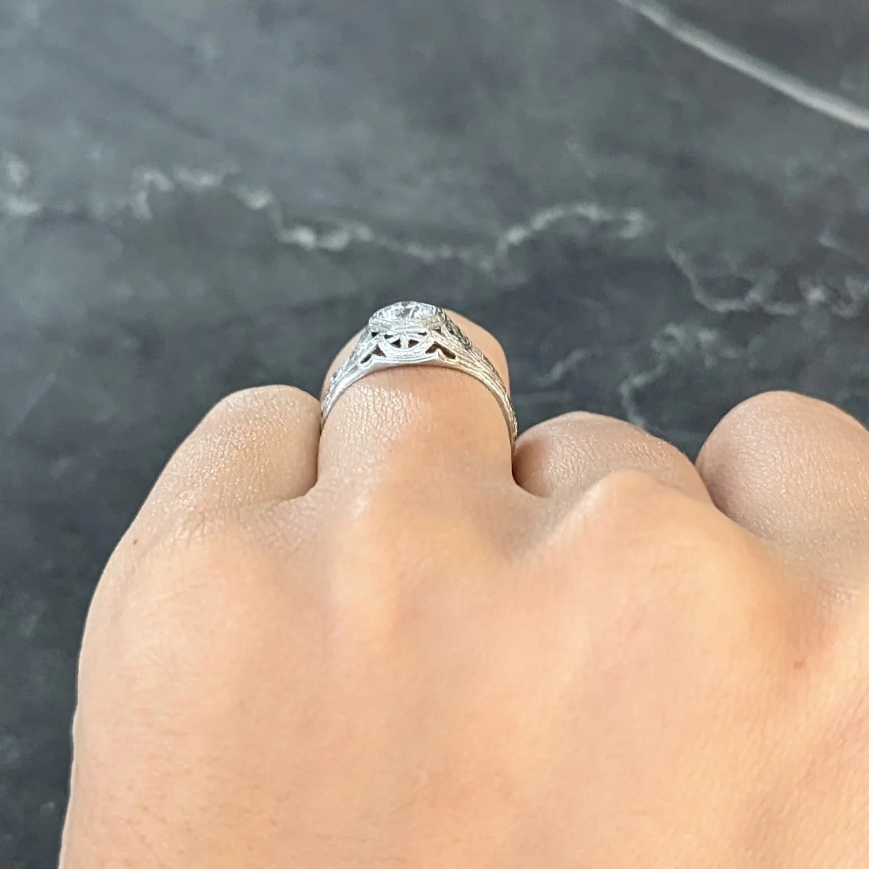 Edwardian 0.40 CTW Old European Cut Diamond Platinum Garland Foliate Antique Engagement Ring - Image 11