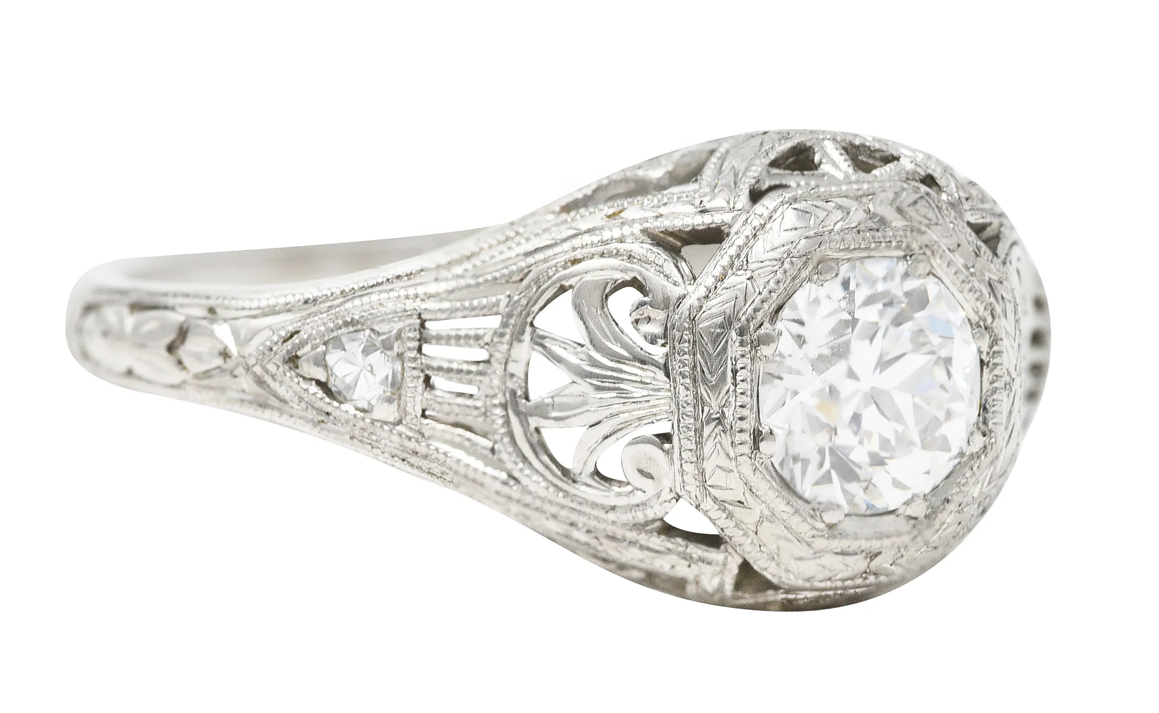 Edwardian 0.40 CTW Old European Cut Diamond Platinum Garland Foliate Antique Engagement Ring - Image 2