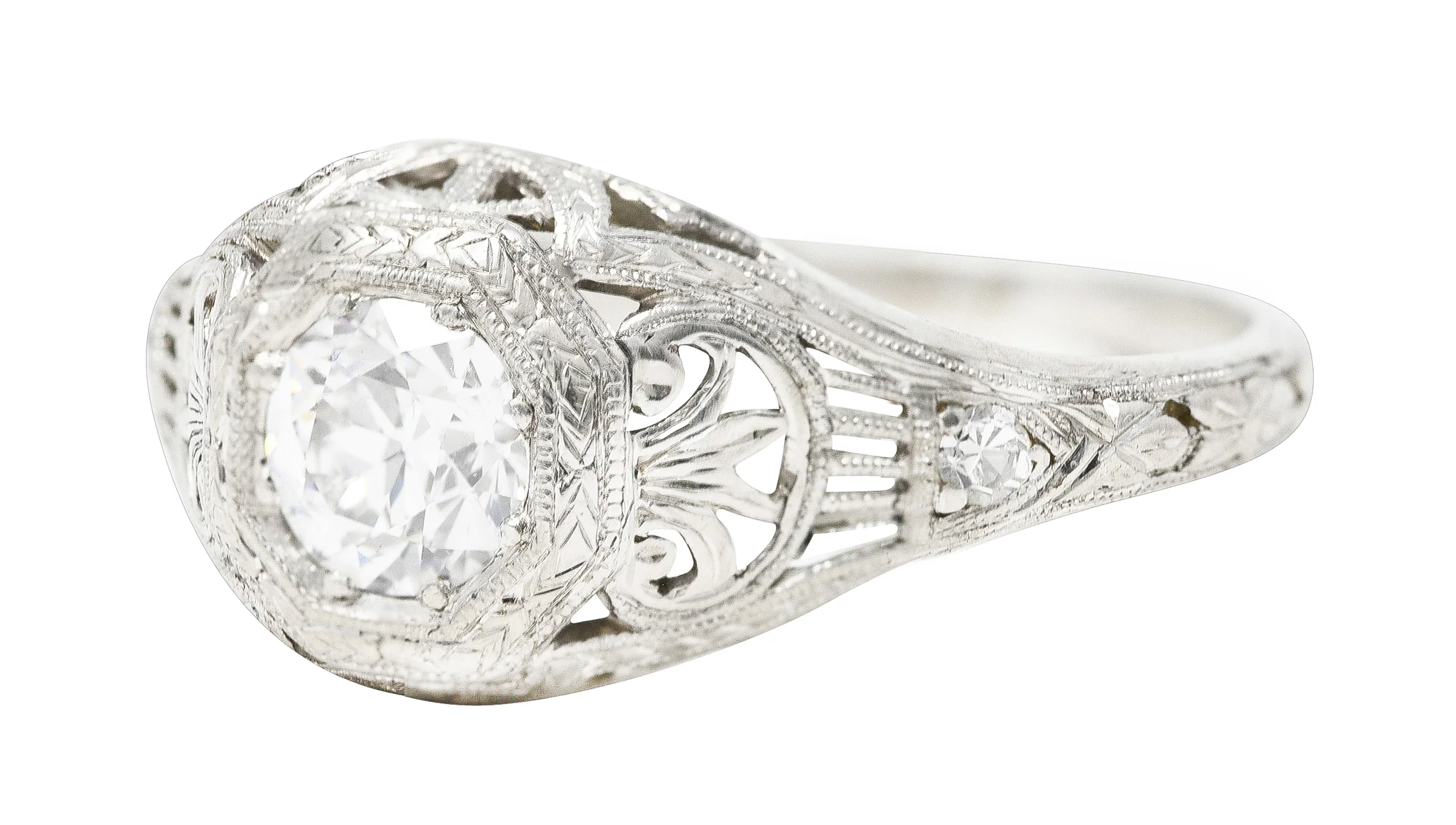 Edwardian 0.40 CTW Old European Cut Diamond Platinum Garland Foliate Antique Engagement Ring - Image 5