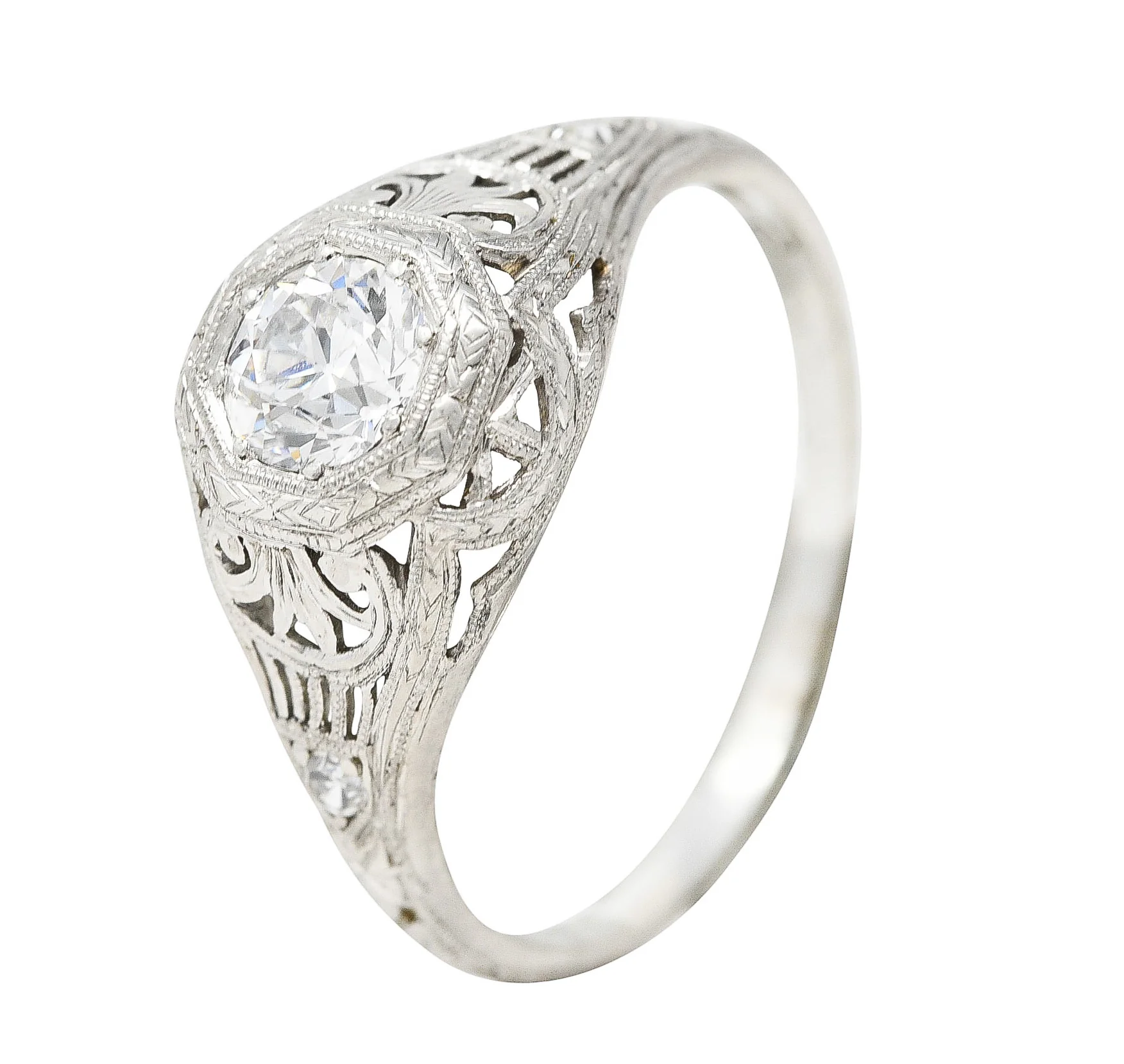 Edwardian 0.40 CTW Old European Cut Diamond Platinum Garland Foliate Antique Engagement Ring - Image 8