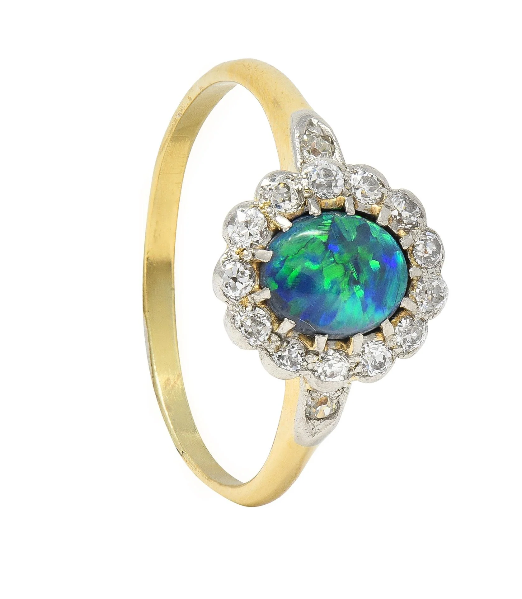 Edwardian 0.42 CTW Opal Diamond Platinum 18 Karat Yellow Gold Antique Halo Ring - Image 10