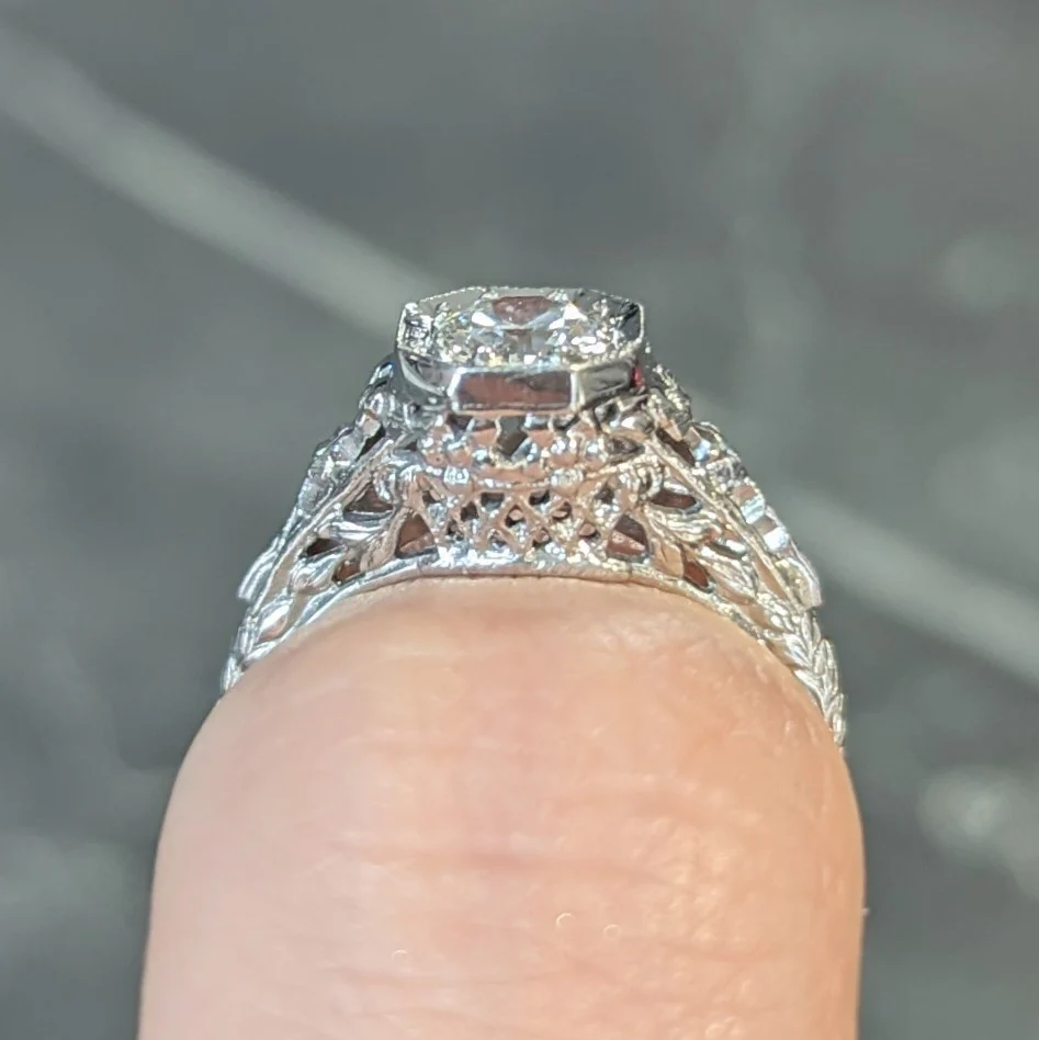 Edwardian 0.45 CTW Old European Diamond Platinum Bow Basket Antique Engagement Ring - Image 14