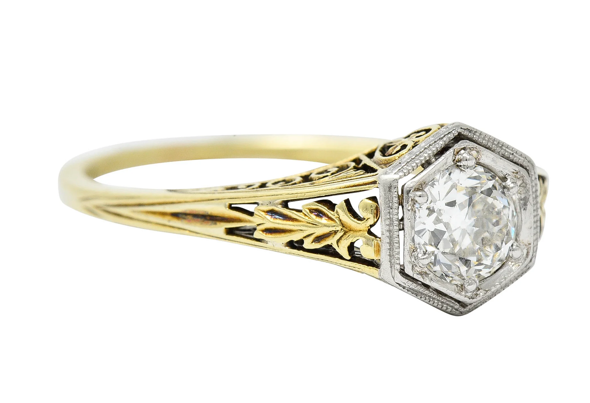 Edwardian 0.48 CTW Diamond Platinum-Topped 14 Karat Gold Hexagonal Engagement Ring - Image 3