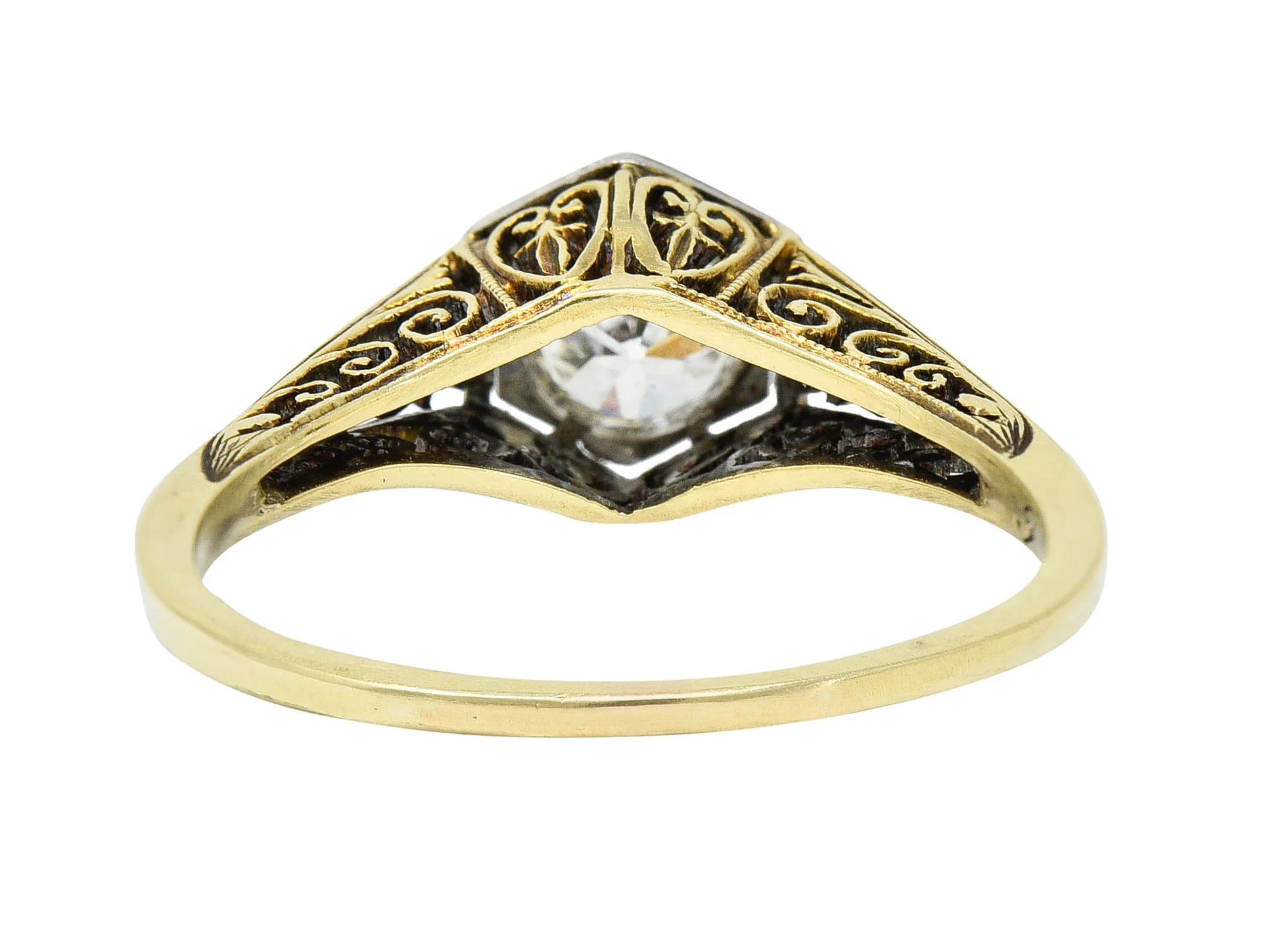 Edwardian 0.48 CTW Diamond Platinum-Topped 14 Karat Gold Hexagonal Engagement Ring - Image 5
