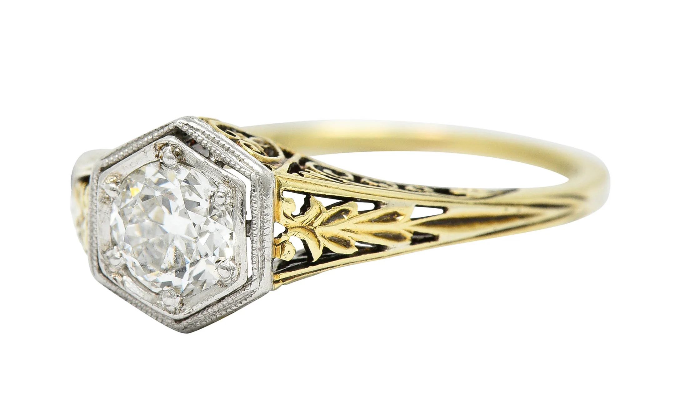 Edwardian 0.48 CTW Diamond Platinum-Topped 14 Karat Gold Hexagonal Engagement Ring - Image 7