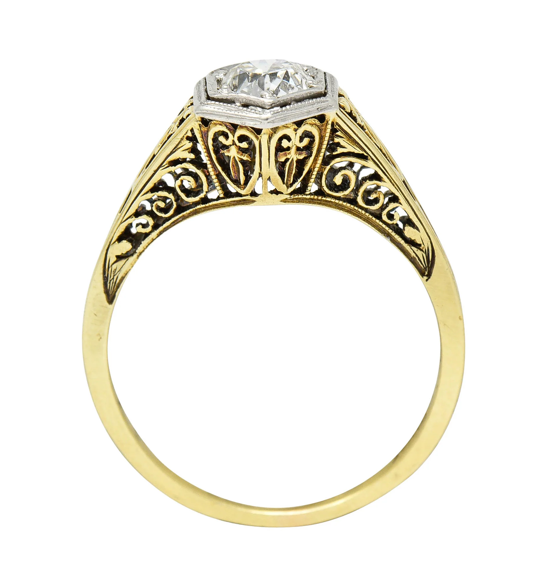 Edwardian 0.48 CTW Diamond Platinum-Topped 14 Karat Gold Hexagonal Engagement Ring - Image 9