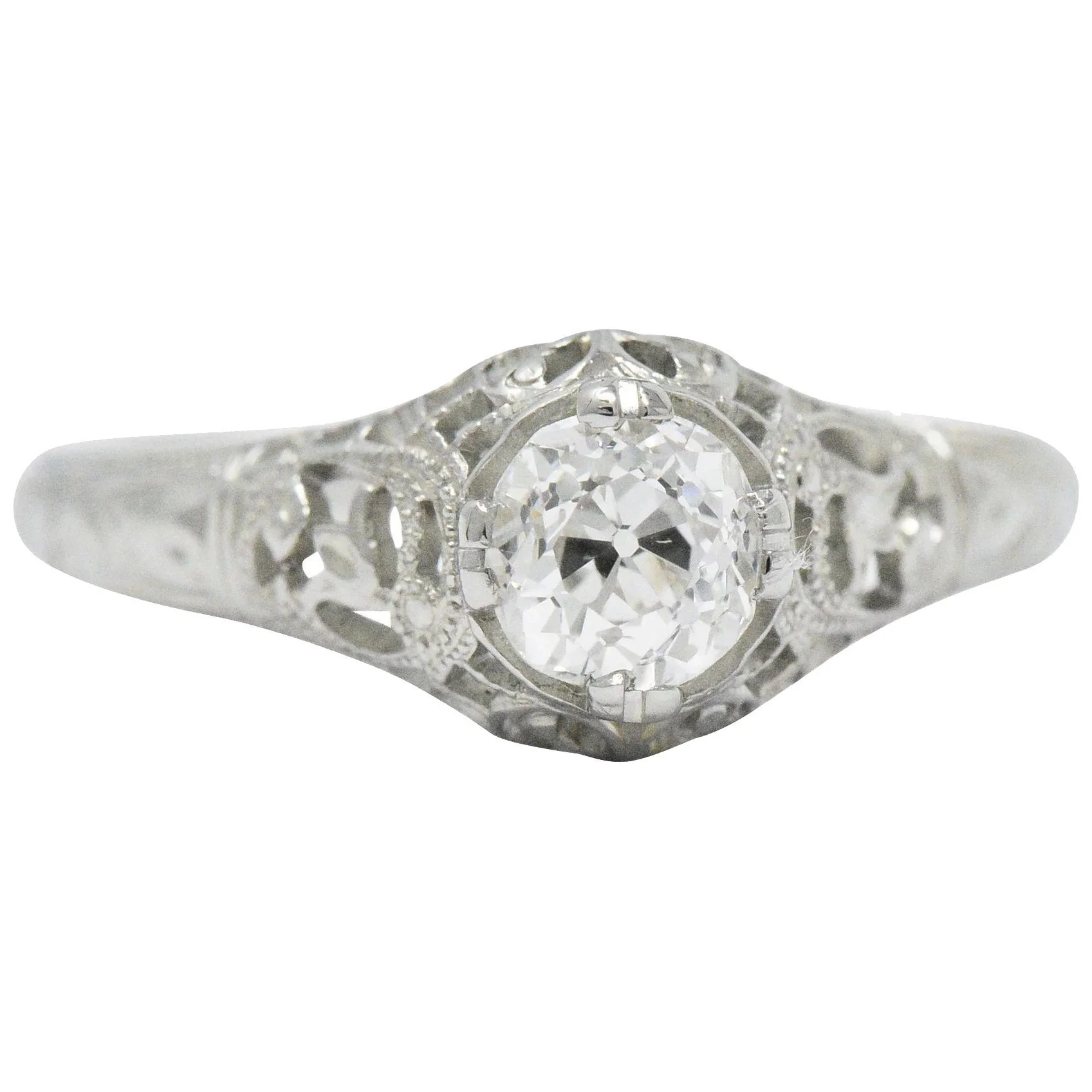 Edwardian 0.50 CTW Old Mine Diamond 18 Karat White Gold Tulip Flower Engagement Ring GIA