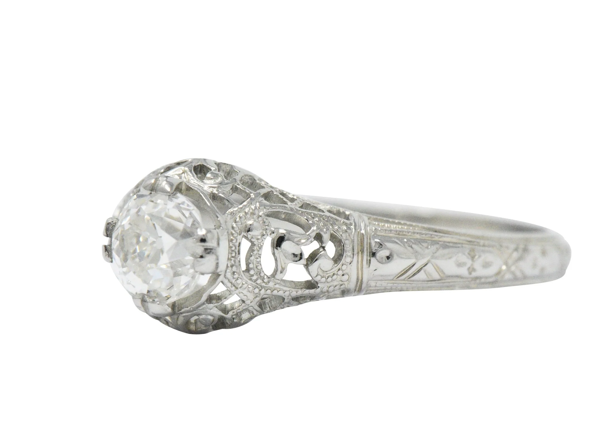 Edwardian 0.50 CTW Old Mine Diamond 18 Karat White Gold Tulip Flower Engagement Ring GIA - Image 2