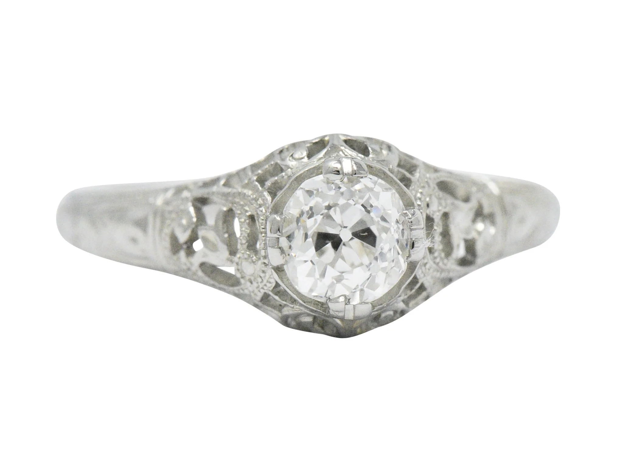Edwardian 0.50 CTW Old Mine Diamond 18 Karat White Gold Tulip Flower Engagement Ring GIA - Image 3