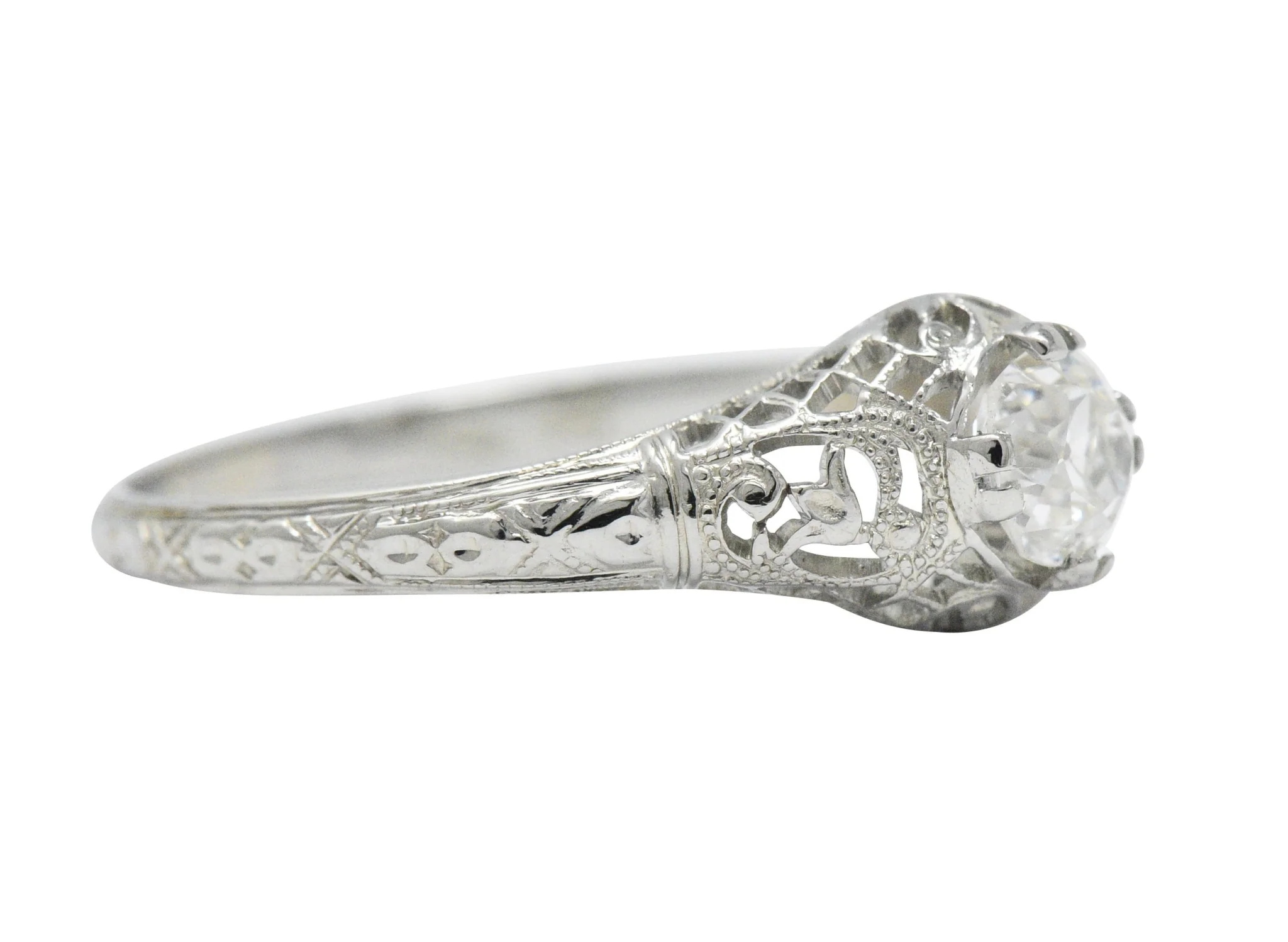 Edwardian 0.50 CTW Old Mine Diamond 18 Karat White Gold Tulip Flower Engagement Ring GIA - Image 4