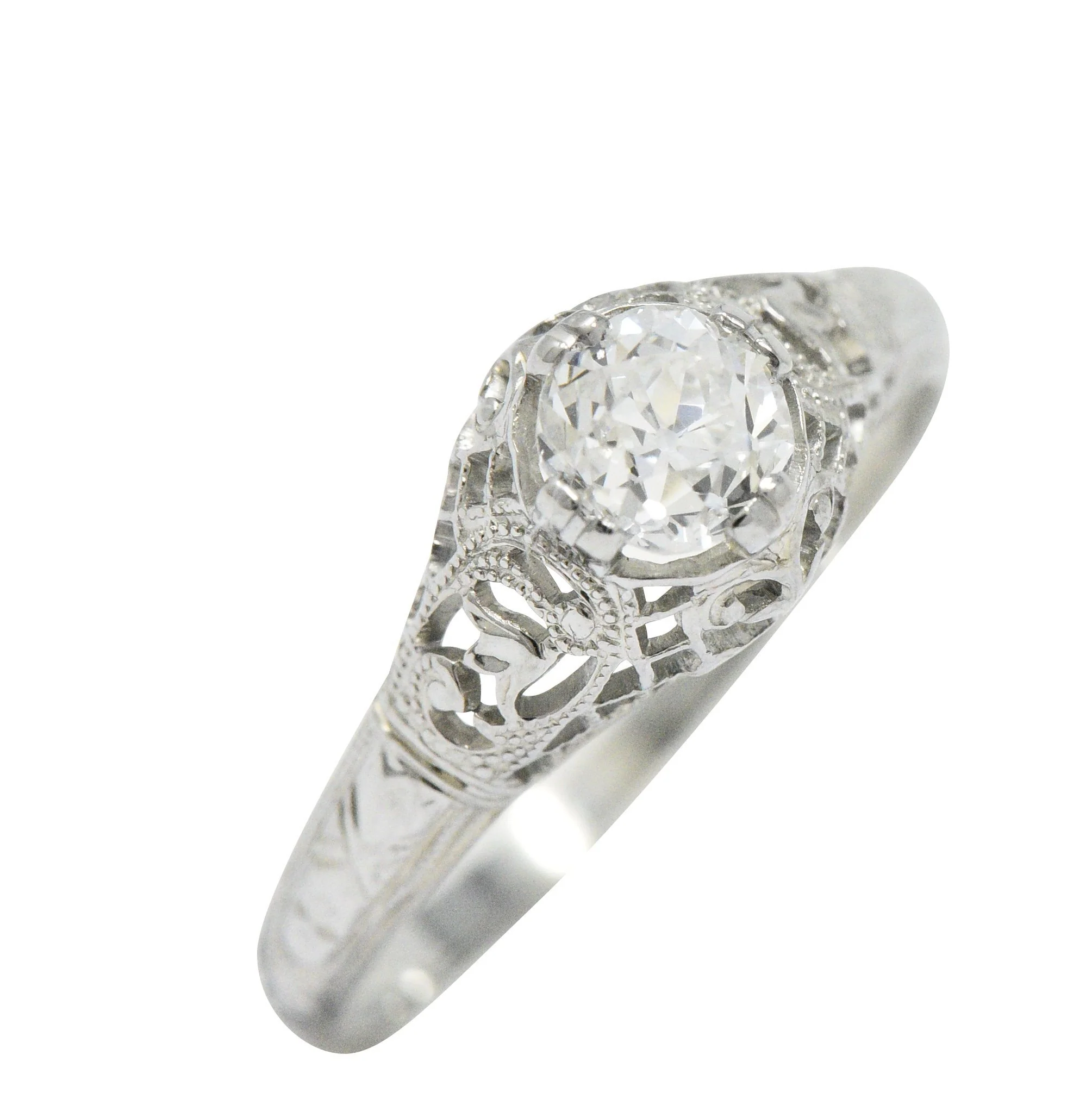 Edwardian 0.50 CTW Old Mine Diamond 18 Karat White Gold Tulip Flower Engagement Ring GIA - Image 5