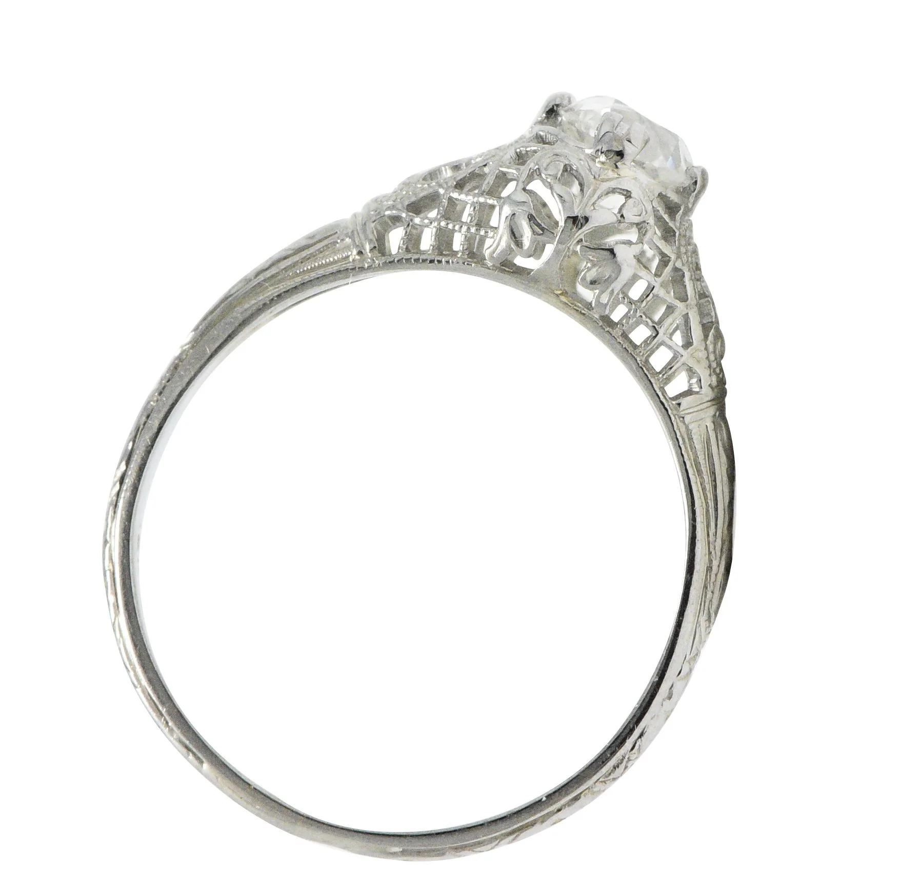 Edwardian 0.50 CTW Old Mine Diamond 18 Karat White Gold Tulip Flower Engagement Ring GIA - Image 6