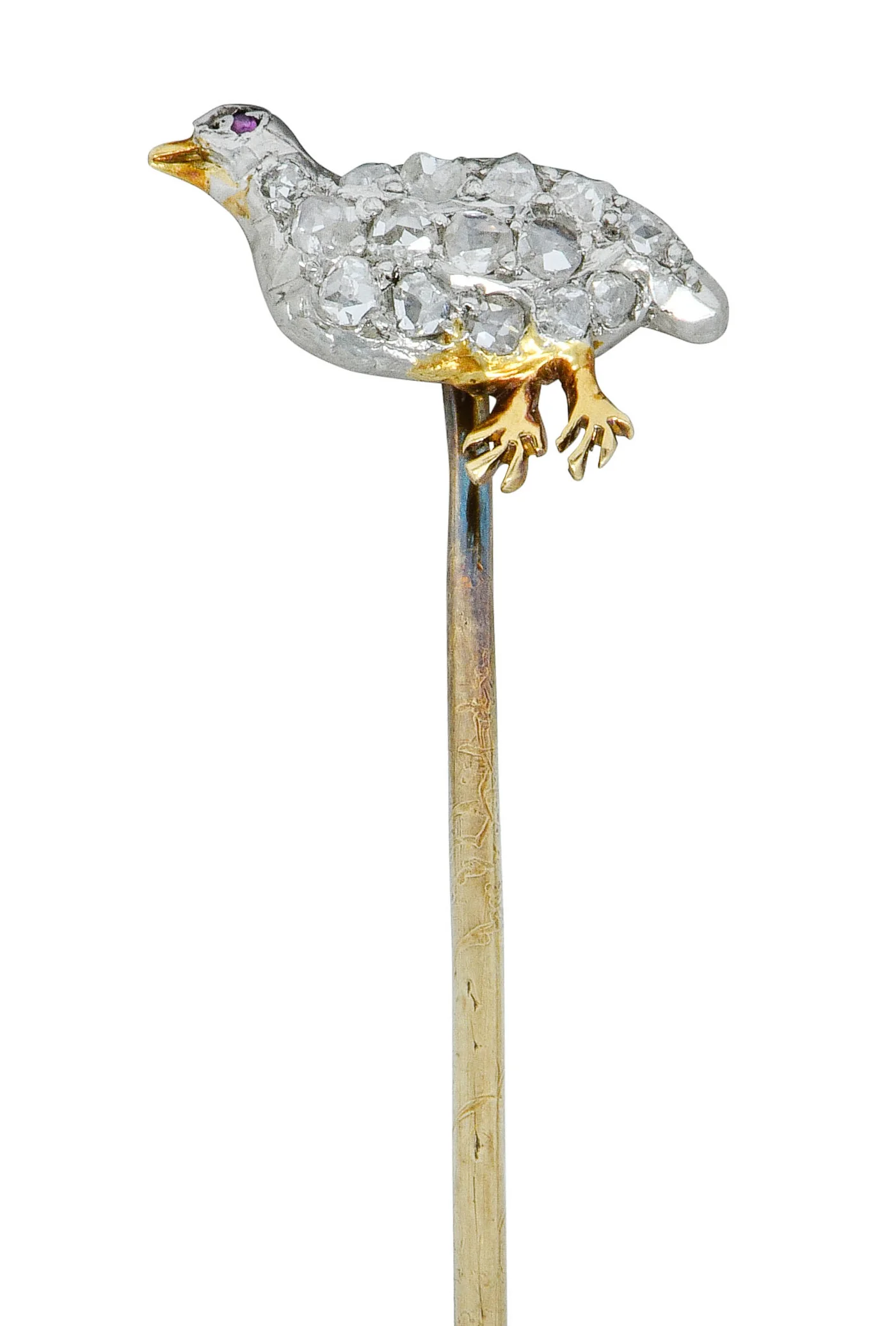 Edwardian 0.50 CTW Rose Cut Diamond Platinum-Topped Gold Partridge Stickpin - Image 6