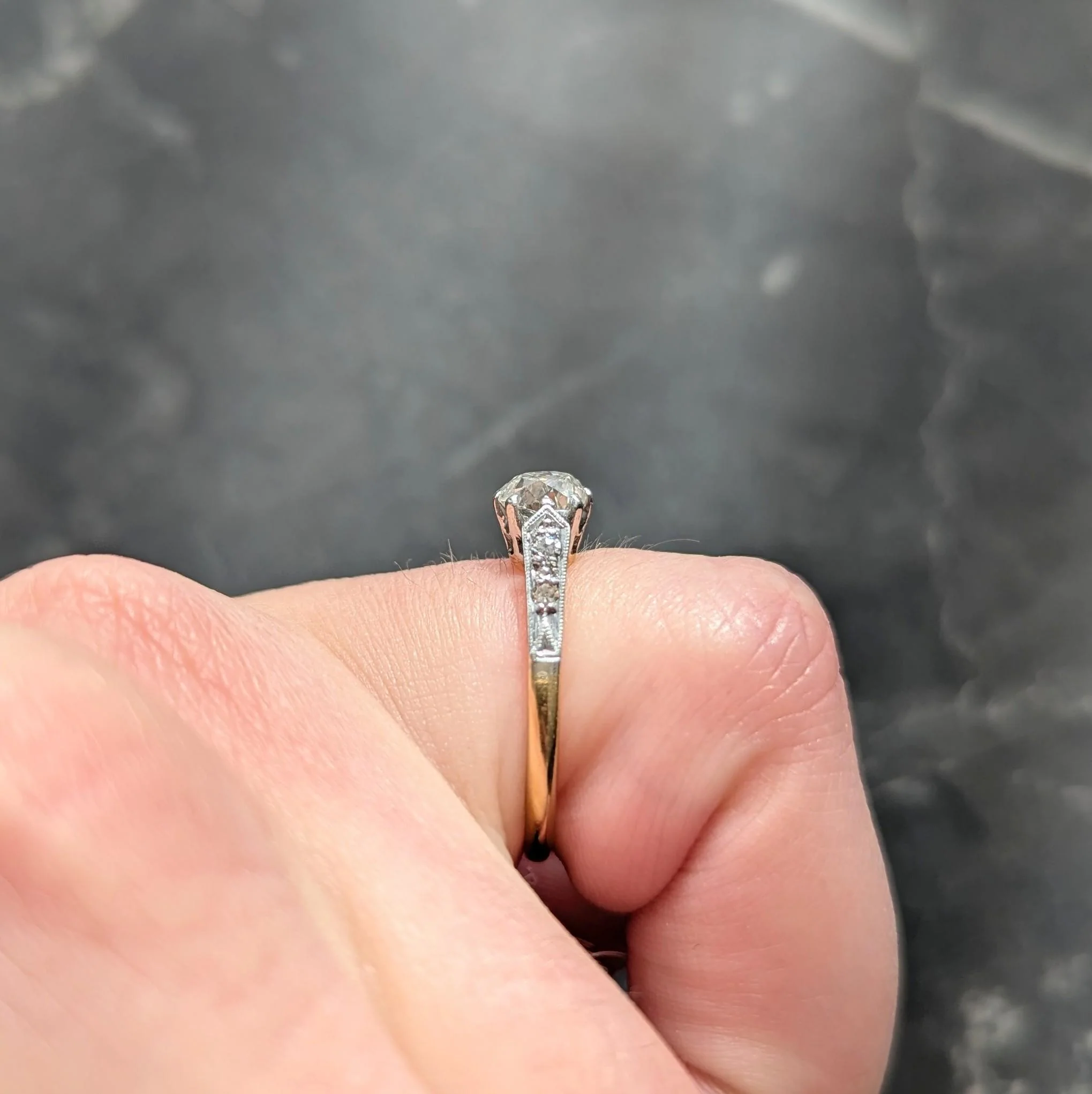 Edwardian 0.62 CTW Old Mine Diamond Platinum 18 Karat Yellow Gold Antique Engagement Ring - Image 12