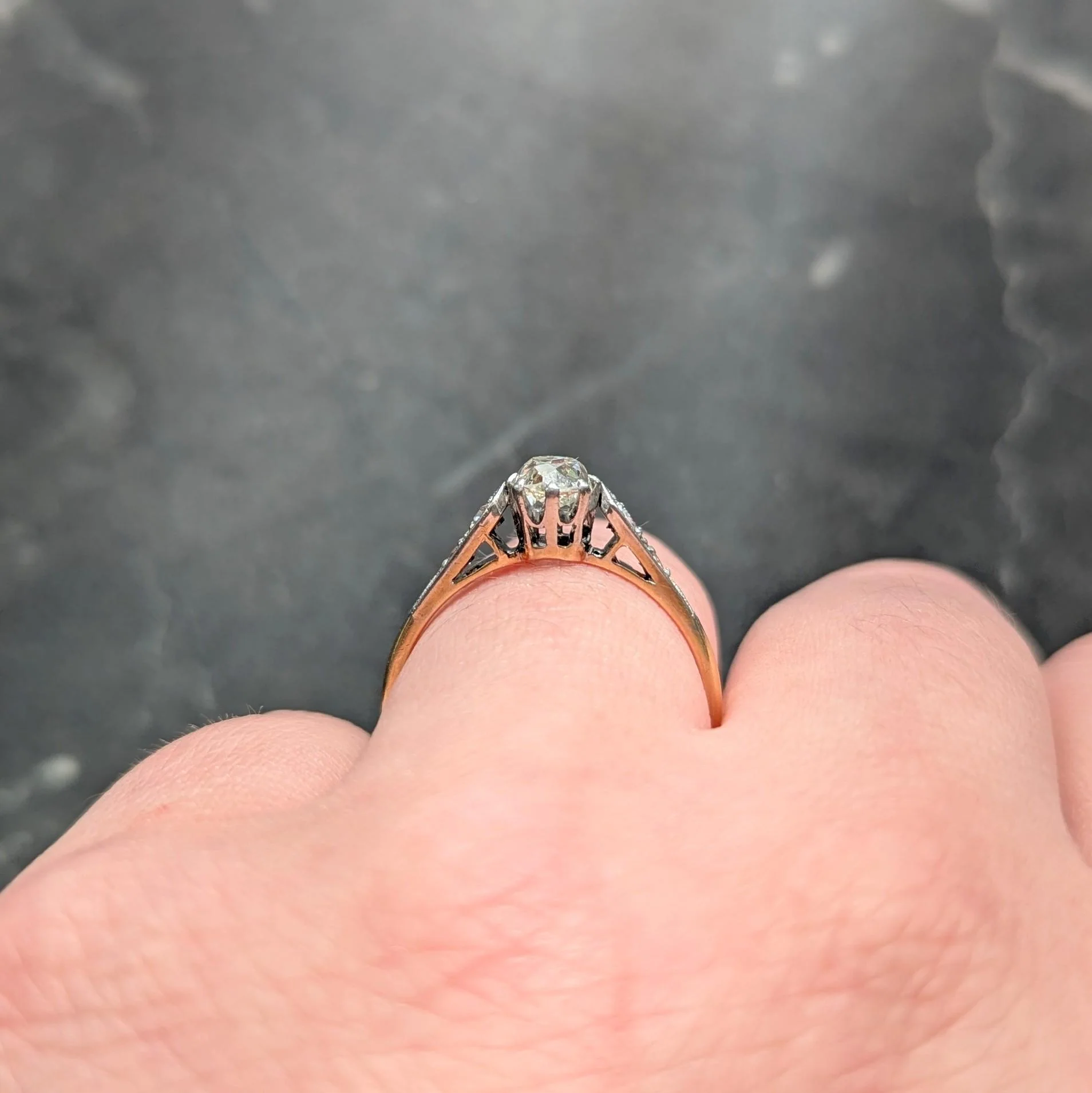 Edwardian 0.62 CTW Old Mine Diamond Platinum 18 Karat Yellow Gold Antique Engagement Ring - Image 13