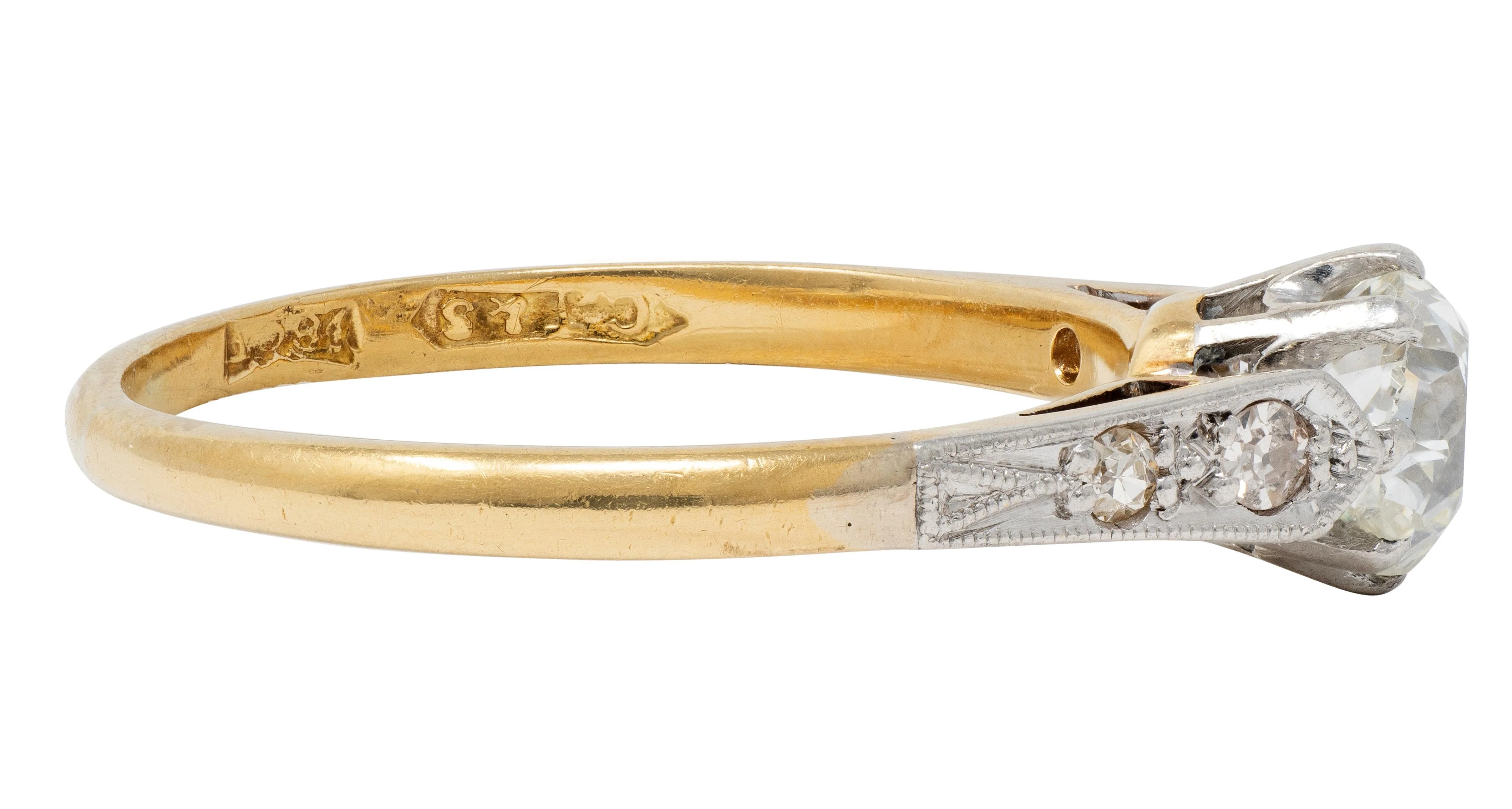 Edwardian 0.62 CTW Old Mine Diamond Platinum 18 Karat Yellow Gold Antique Engagement Ring - Image 5