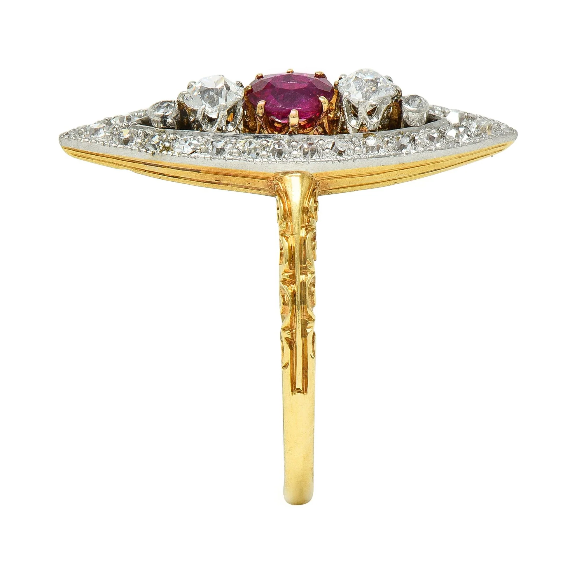 Edwardian 0.62 CTW Ruby Diamond Platinum 18 Karat Yellow Gold Scroll Antique Navette Ring - Image 11