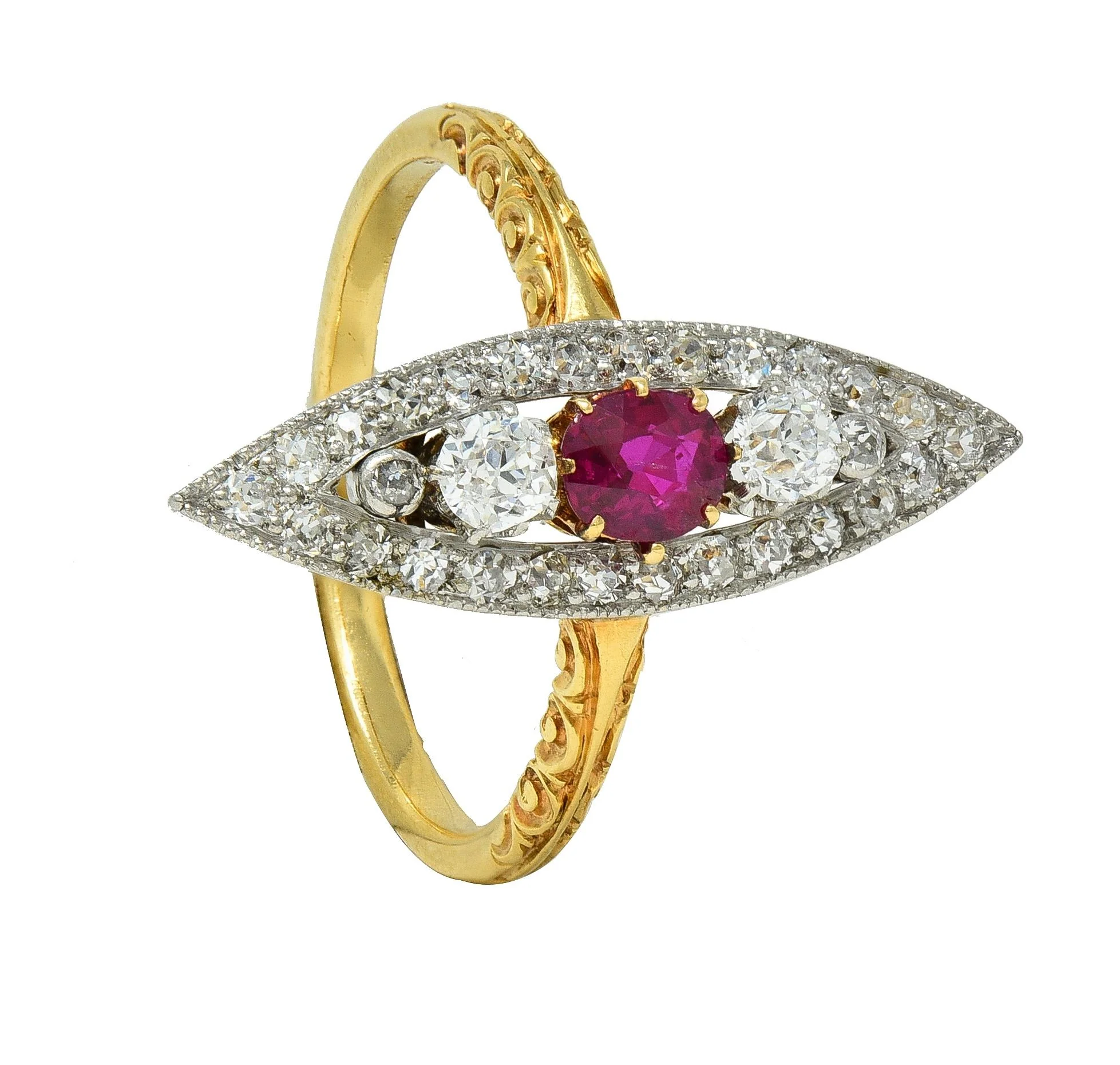 Edwardian 0.62 CTW Ruby Diamond Platinum 18 Karat Yellow Gold Scroll Antique Navette Ring - Image 12