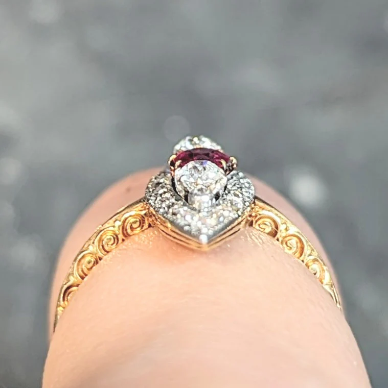 Edwardian 0.62 CTW Ruby Diamond Platinum 18 Karat Yellow Gold Scroll Antique Navette Ring - Image 14