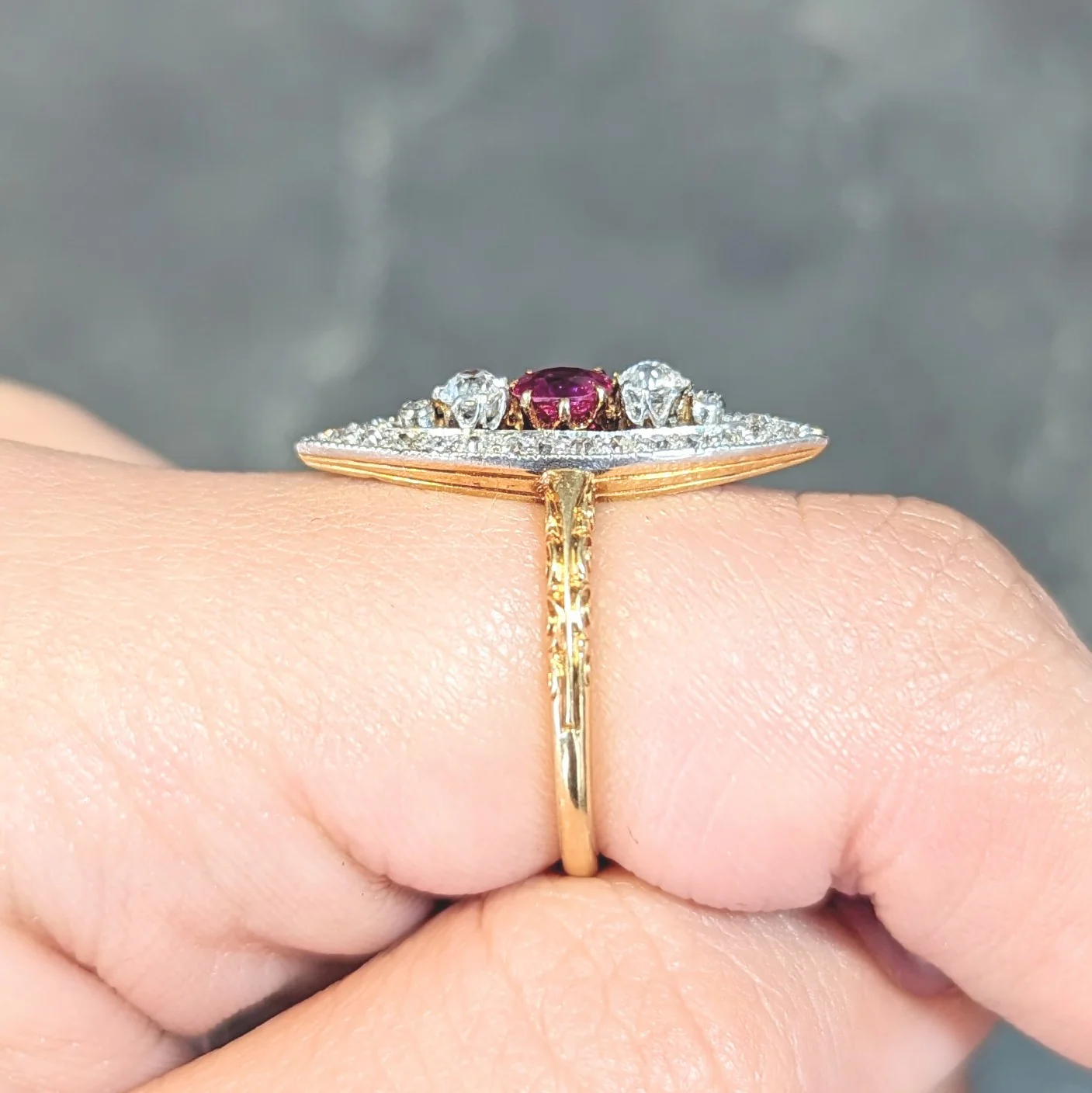 Edwardian 0.62 CTW Ruby Diamond Platinum 18 Karat Yellow Gold Scroll Antique Navette Ring - Image 15