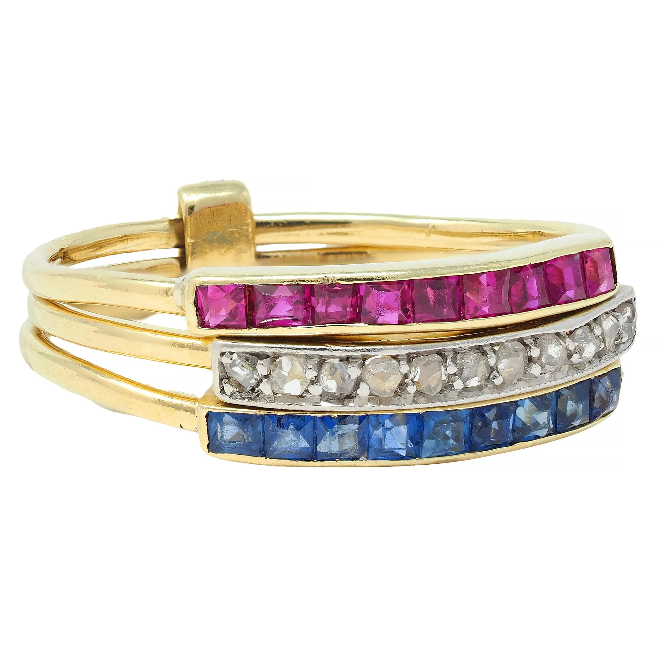 Edwardian 0.62 CTW Sapphire Ruby Diamond Platinum 18 Karat Yellow Gold Antique Harem Flip Ring - Image 3