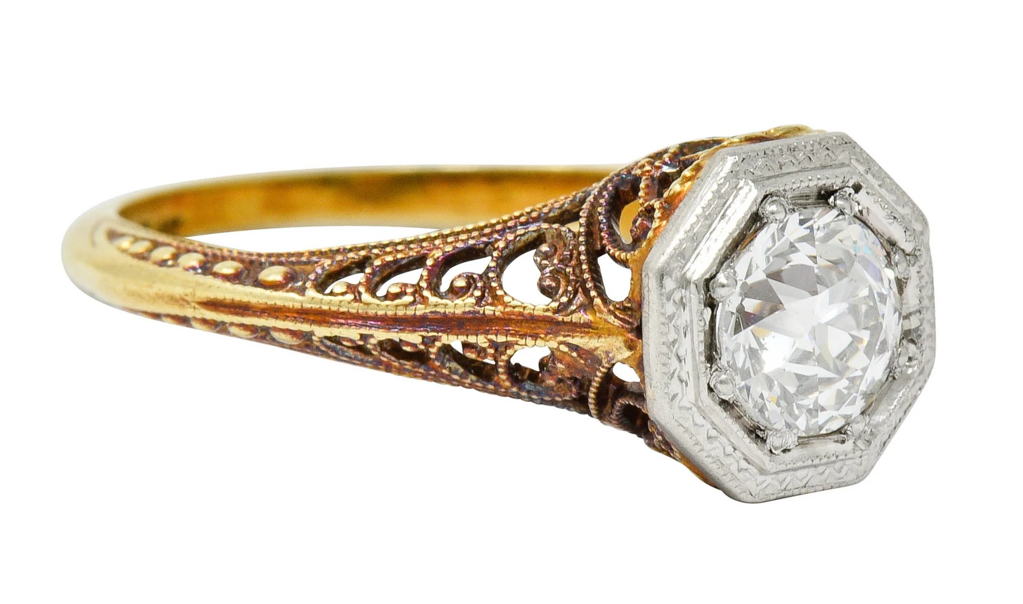 Edwardian 0.64 CTW Diamond Platinum-Topped 14 Karat Gold Filigree Engagement Ring - Image 2
