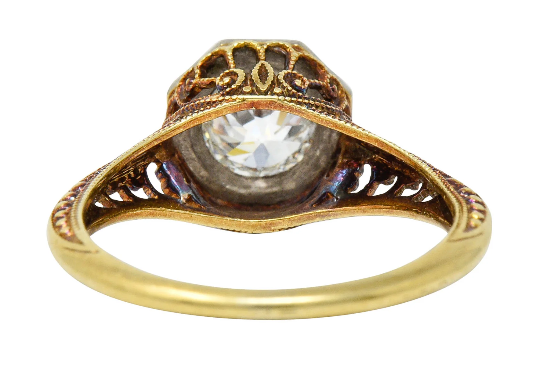 Edwardian 0.64 CTW Diamond Platinum-Topped 14 Karat Gold Filigree Engagement Ring - Image 4