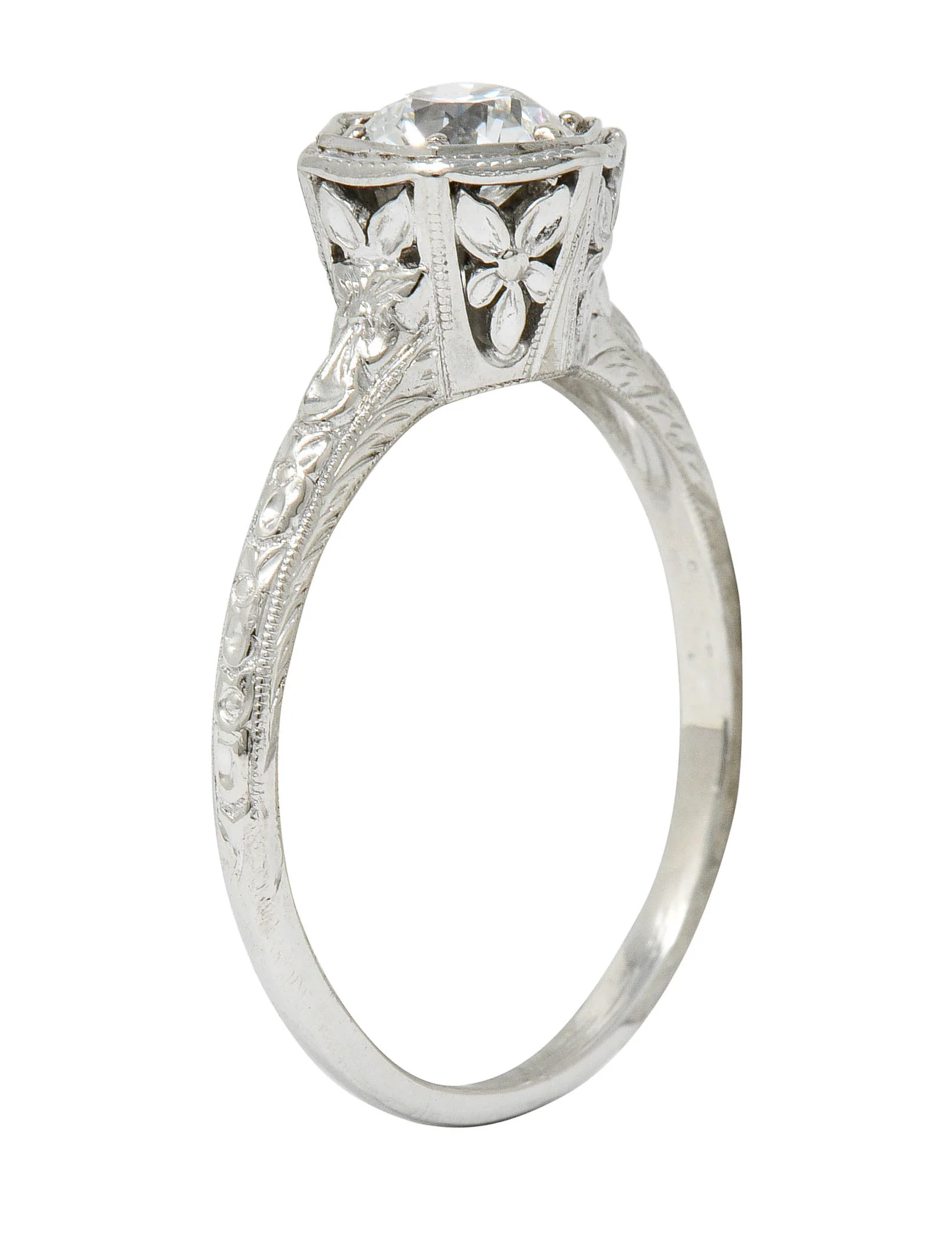 Edwardian 0.65 CTW Diamond Platinum Floral Hexagonal Engagement Ring - Image 8