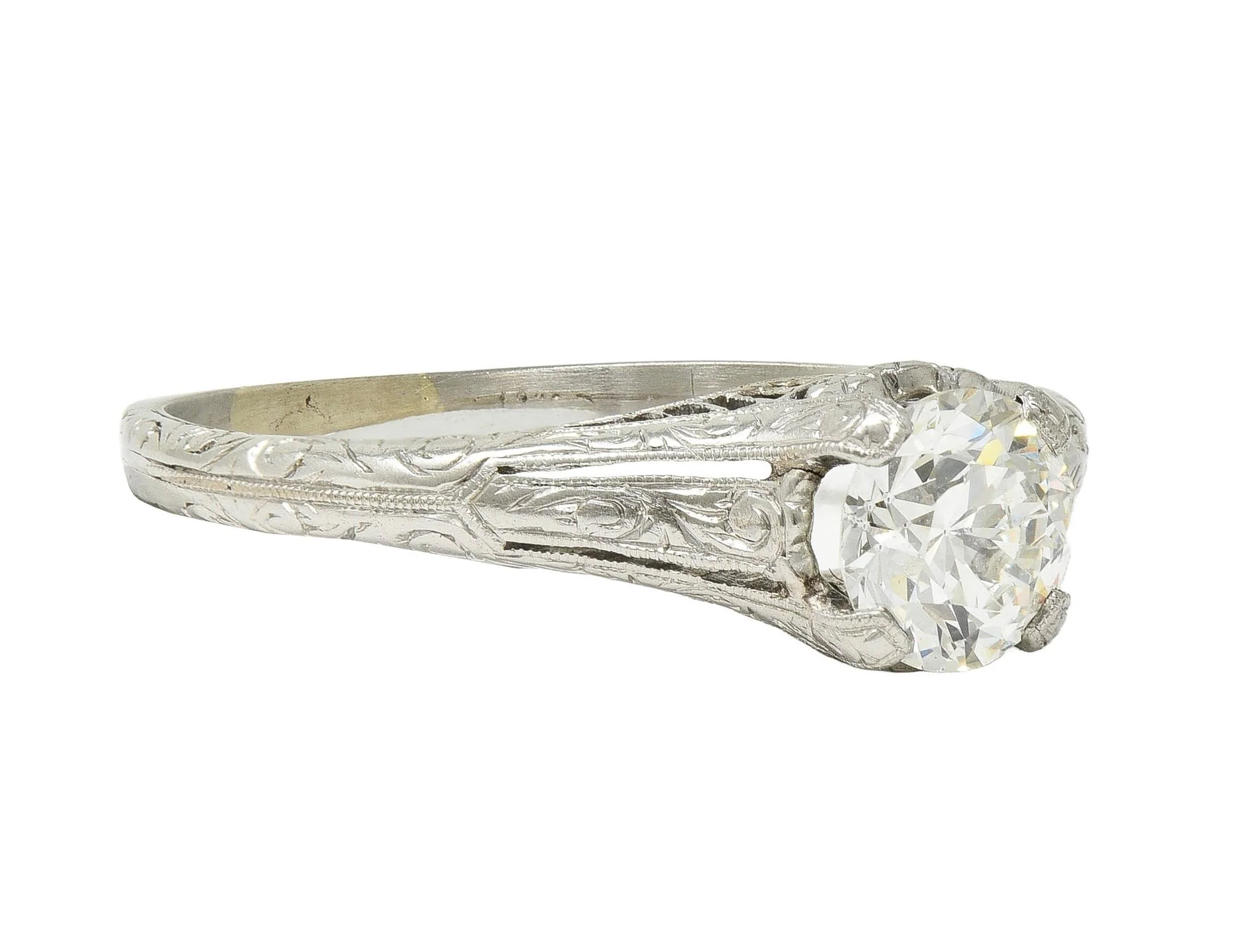 Edwardian 0.72 CTW Old European Diamond Platinum Antique Scrolling Solitaire Engagement Ring - Image 2
