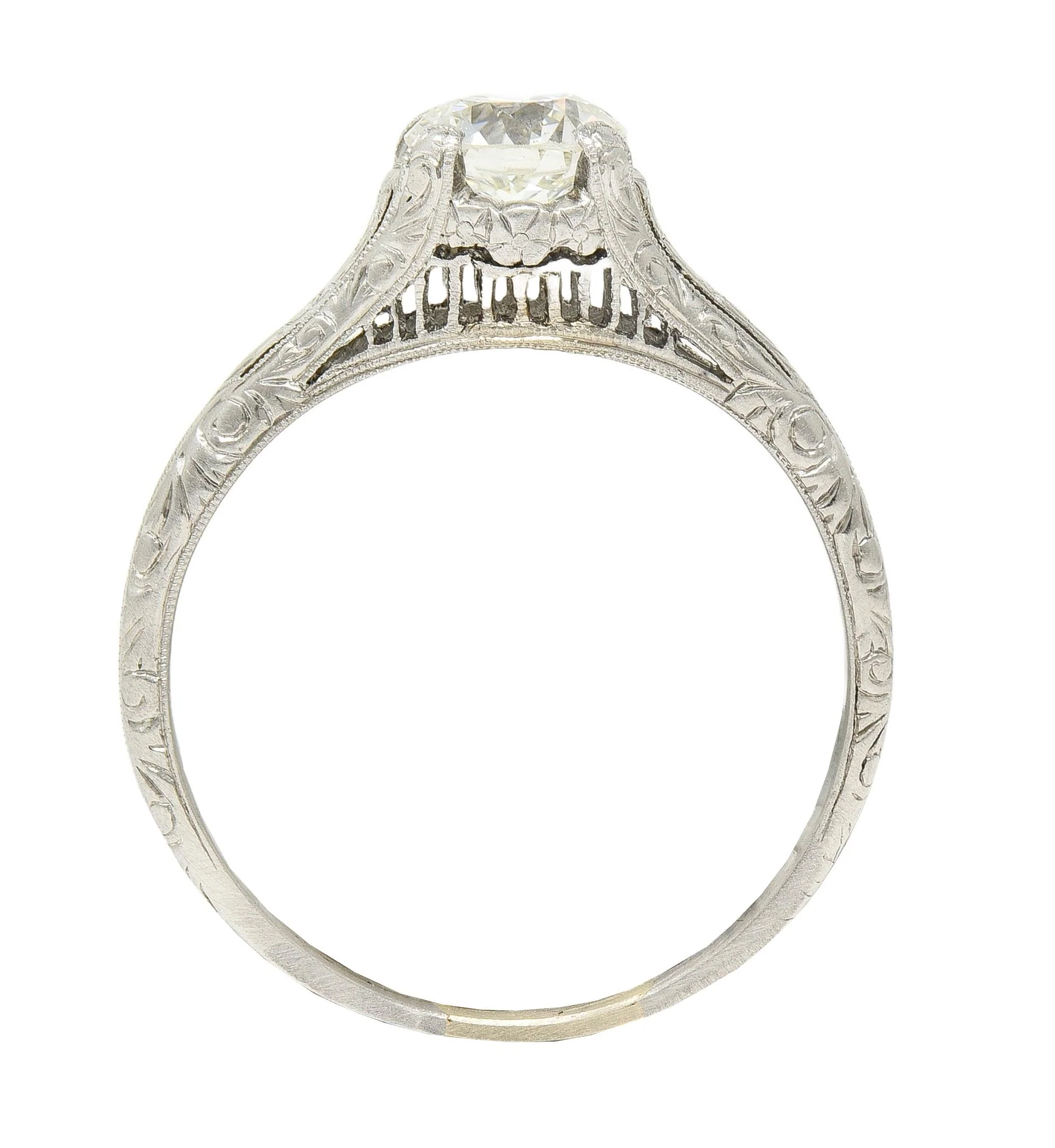Edwardian 0.72 CTW Old European Diamond Platinum Antique Scrolling Solitaire Engagement Ring - Image 3