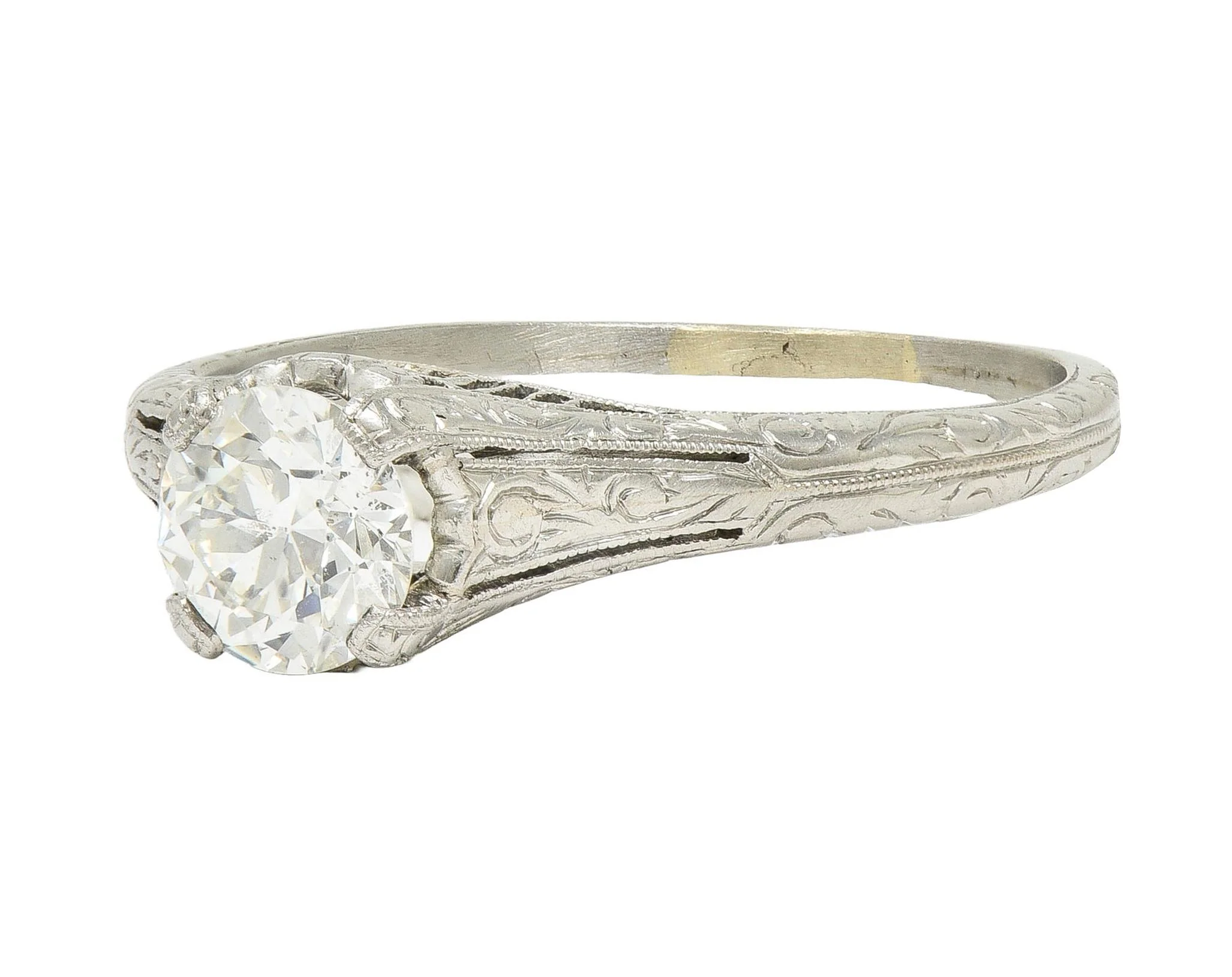 Edwardian 0.72 CTW Old European Diamond Platinum Antique Scrolling Solitaire Engagement Ring - Image 7