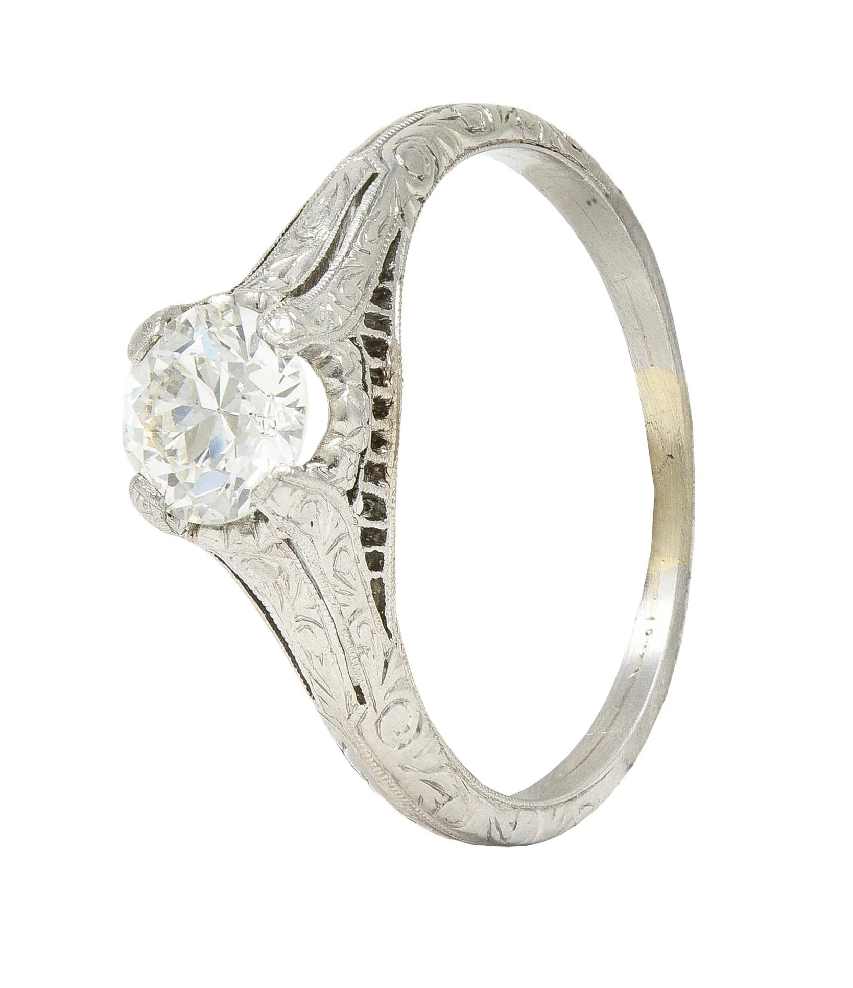 Edwardian 0.72 CTW Old European Diamond Platinum Antique Scrolling Solitaire Engagement Ring - Image 8
