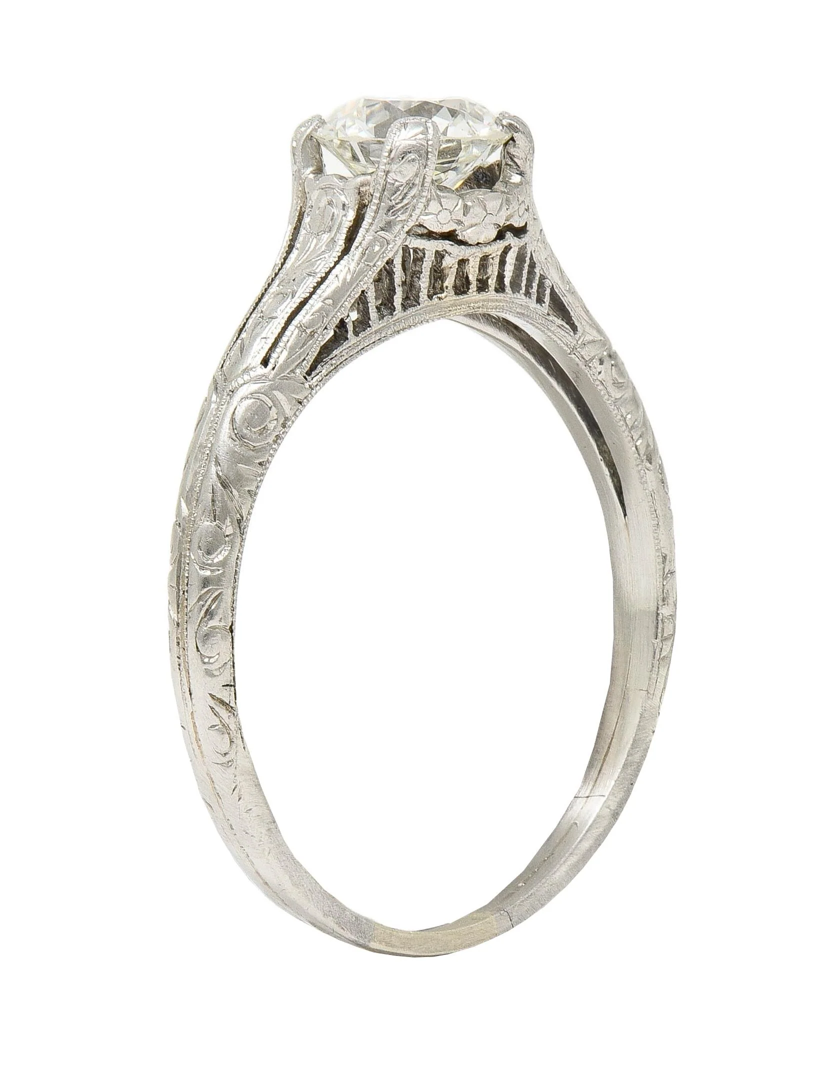 Edwardian 0.72 CTW Old European Diamond Platinum Antique Scrolling Solitaire Engagement Ring - Image 9