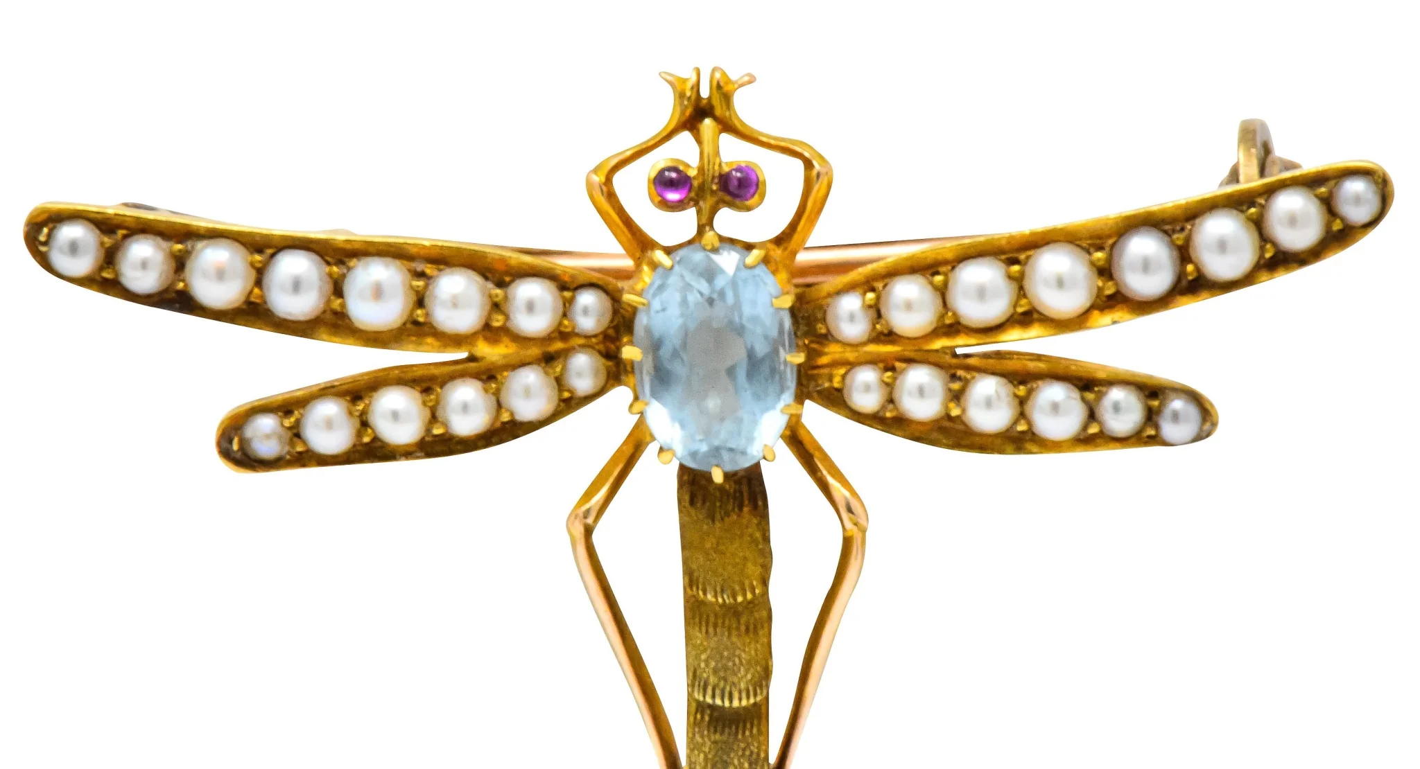Edwardian 0.75 CTW Aquamarine Seed Pearl 14 Karat Gold Dragonfly Brooch - Image 3