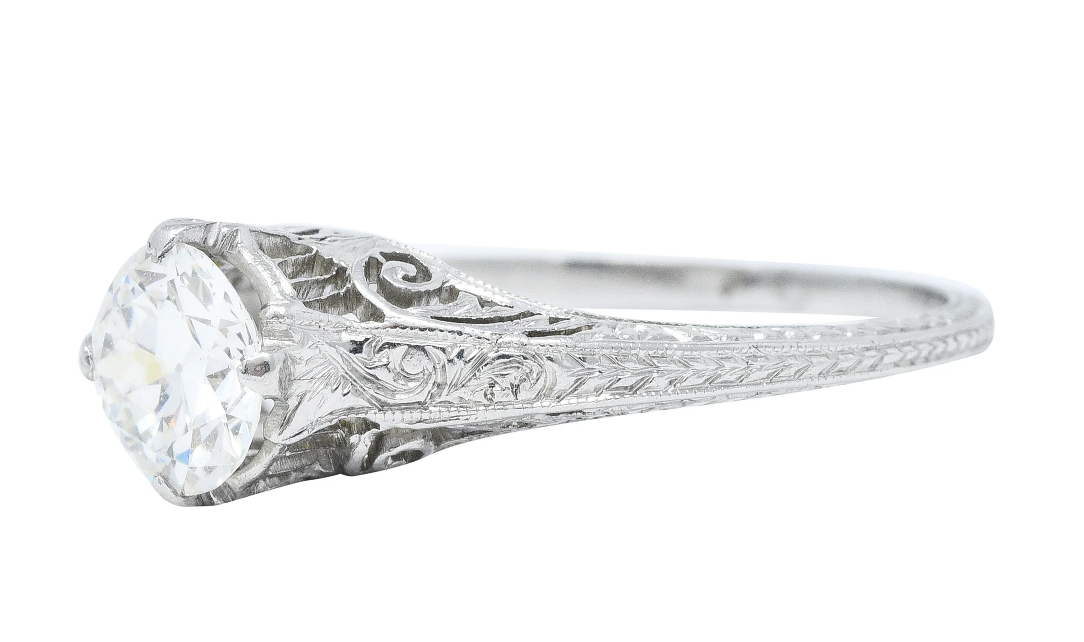 Edwardian 0.77 CTW Diamond Platinum Scrolled Foliate Engagement Ring - Image 6