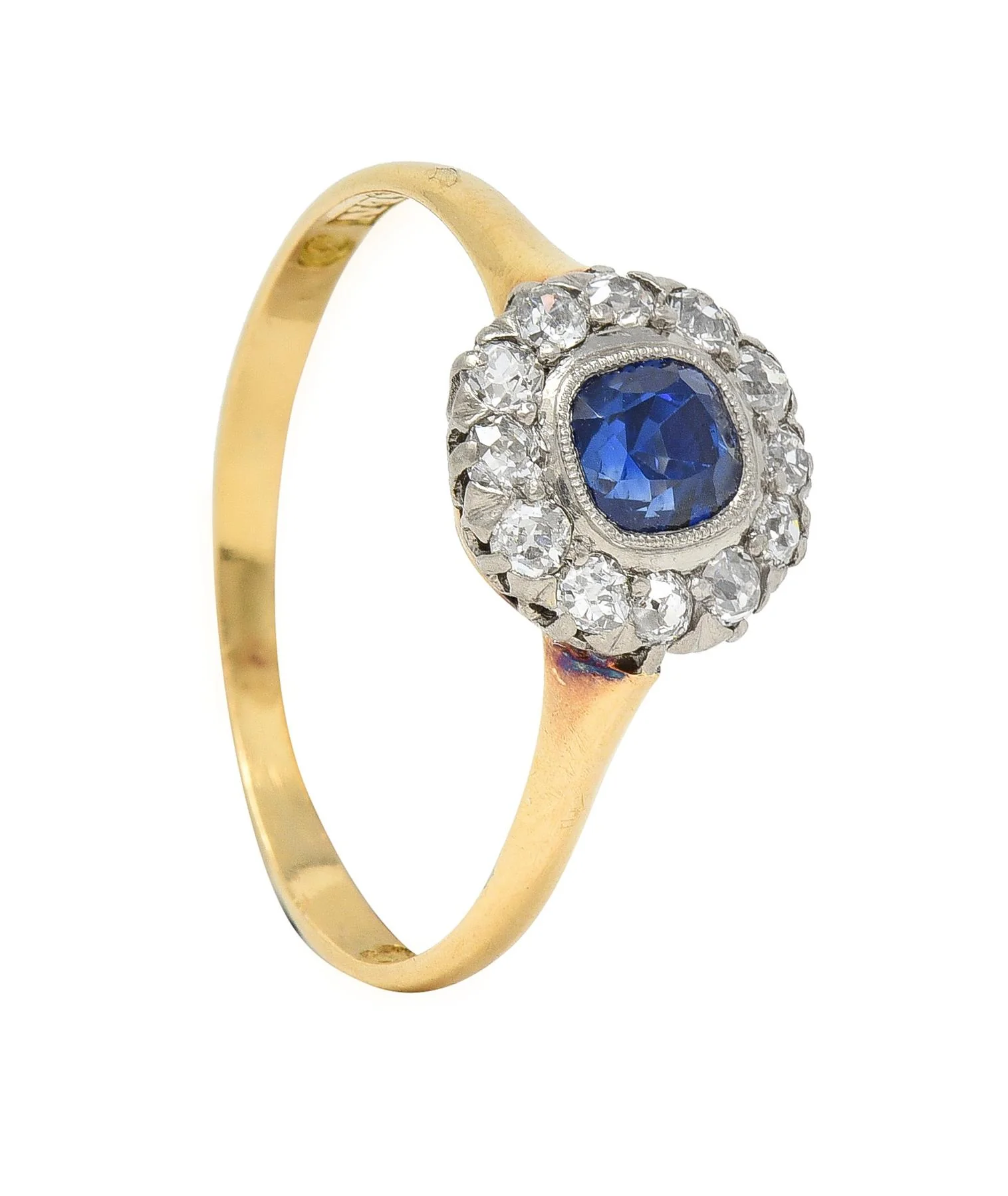 Edwardian 0.83 Sapphire Diamond 18 Karat Yellow Gold Platinum Antique Halo Ring - Image 12
