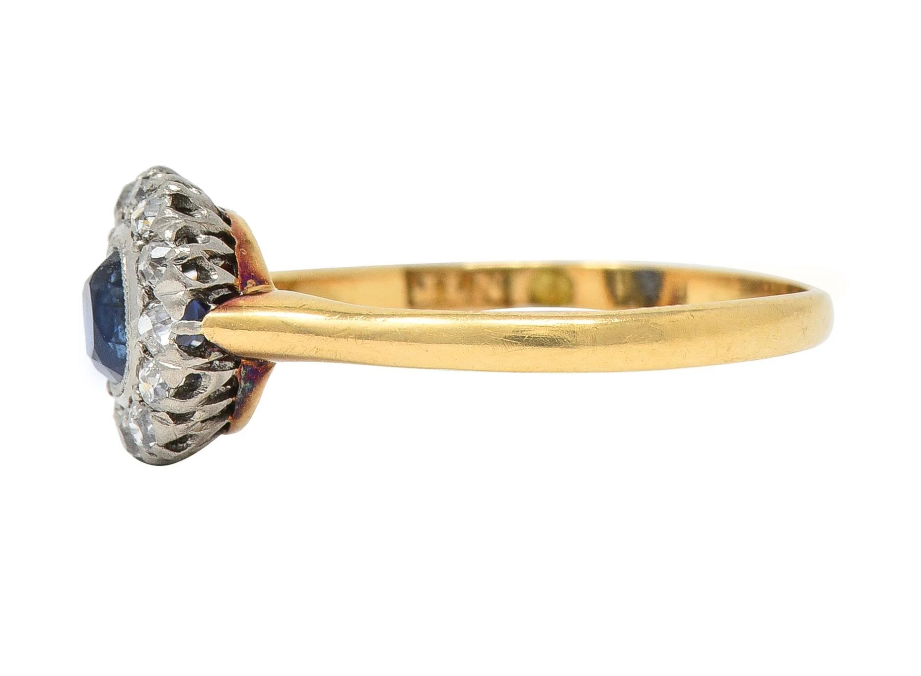 Edwardian 0.83 Sapphire Diamond 18 Karat Yellow Gold Platinum Antique Halo Ring - Image 5