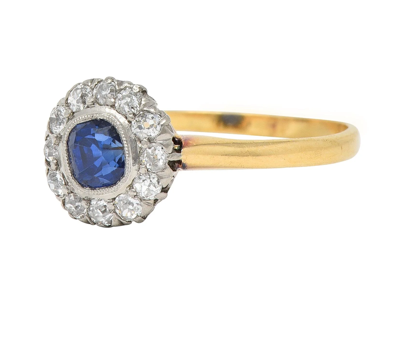 Edwardian 0.83 Sapphire Diamond 18 Karat Yellow Gold Platinum Antique Halo Ring - Image 6