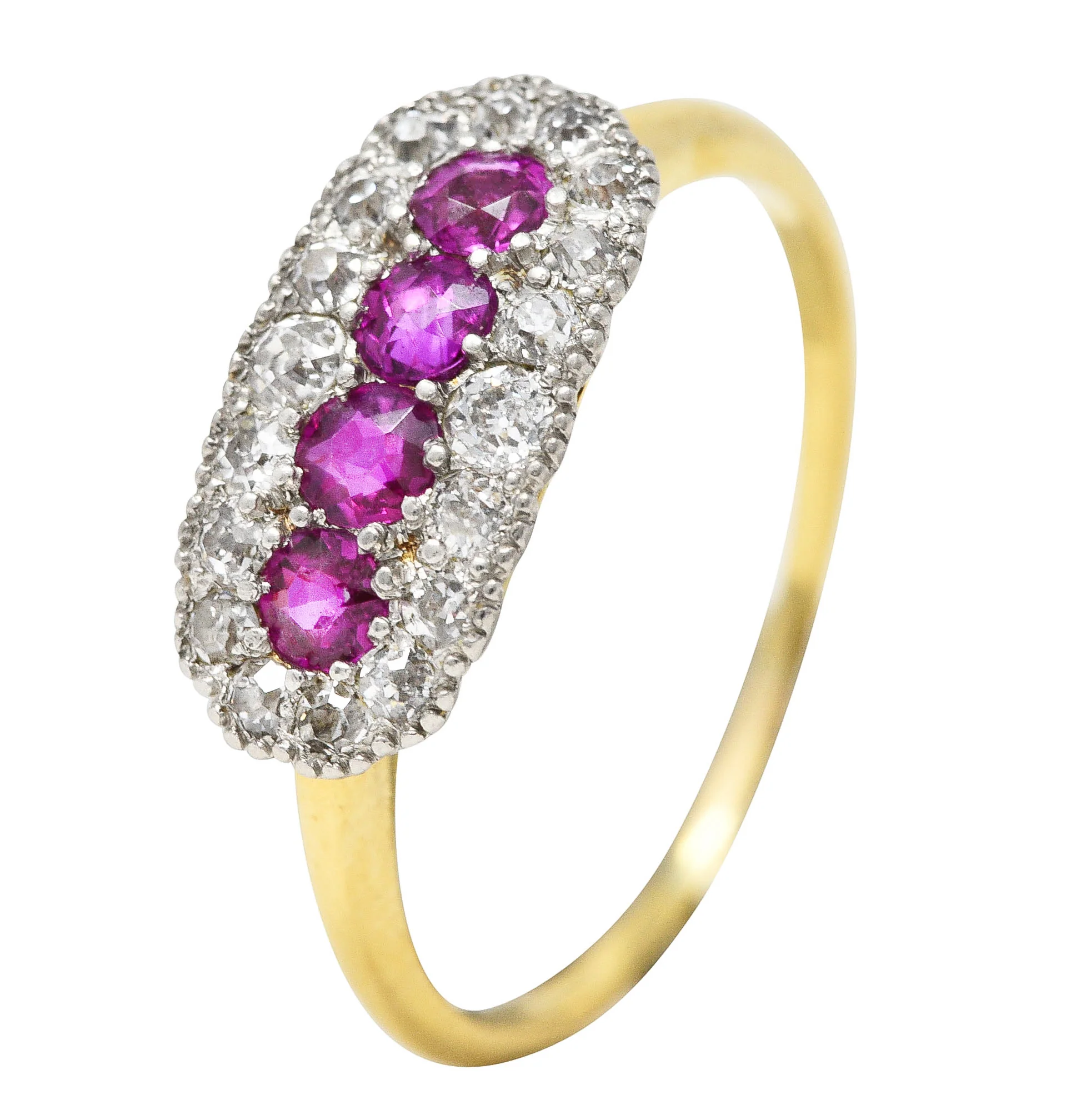 Edwardian 0.84 CTW Ruby Old European Cut Diamond Platinum-Topped 18 Karat Yellow Gold Antique Cluster Ring - Image 9