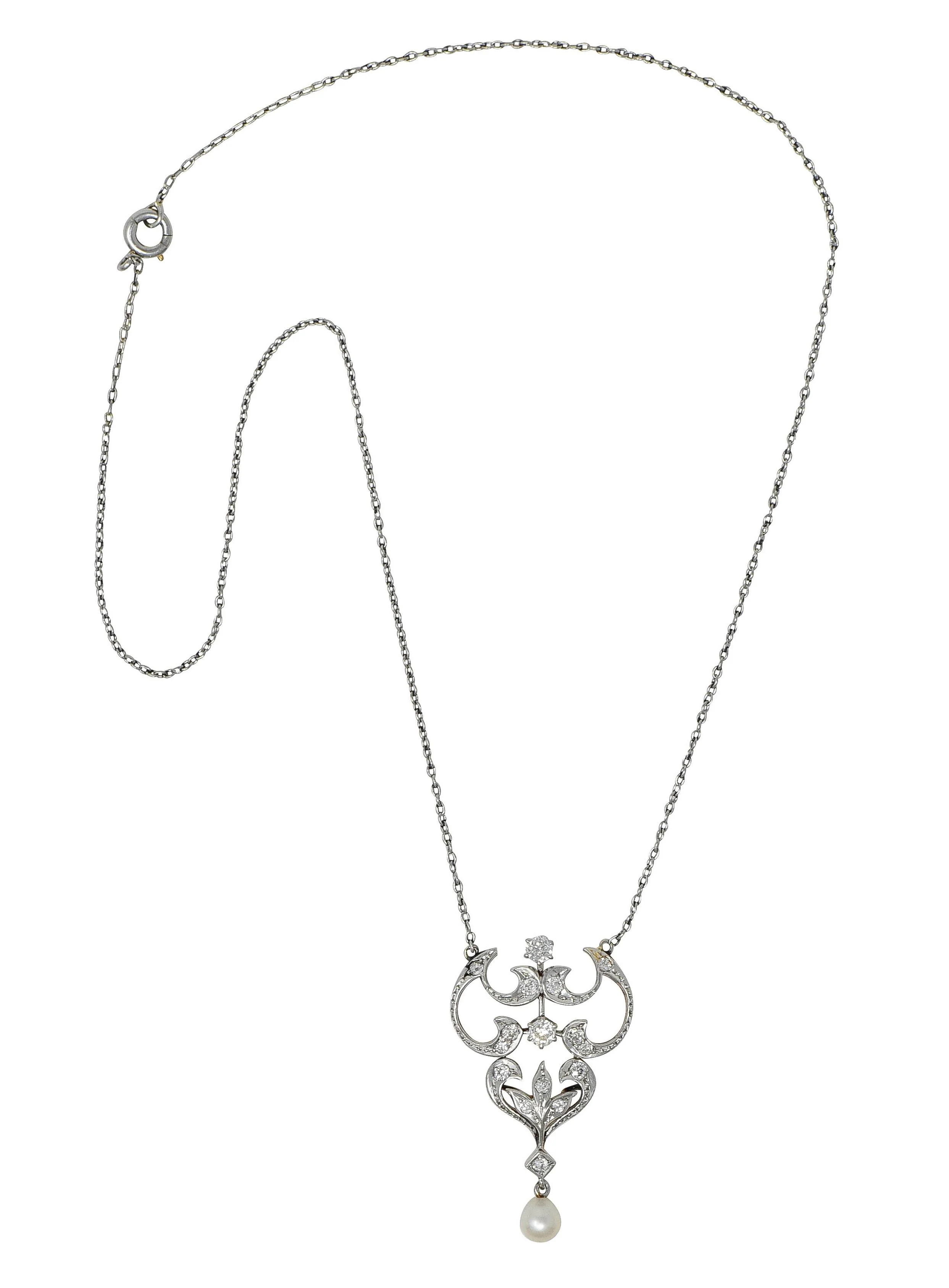 Edwardian 0.85 CTW Diamond Pearl Platinum-Topped 14 Karat Yellow Gold Antique Pendant Station Necklace - Image 3