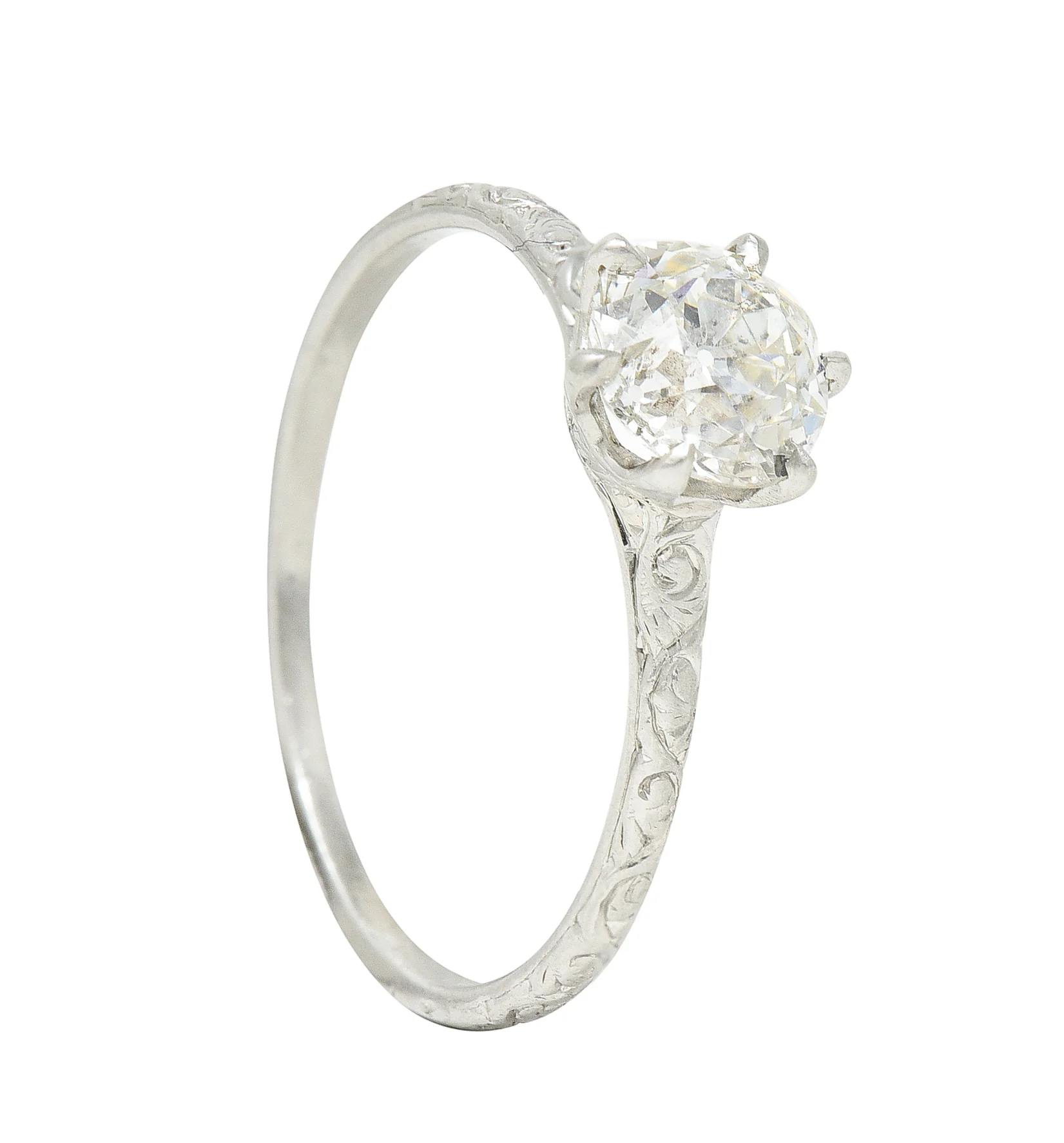 Edwardian 0.85 CTW Old European Cut Diamond Platinum Scrolling Antique Solitaire Engagement Ring - Image 11