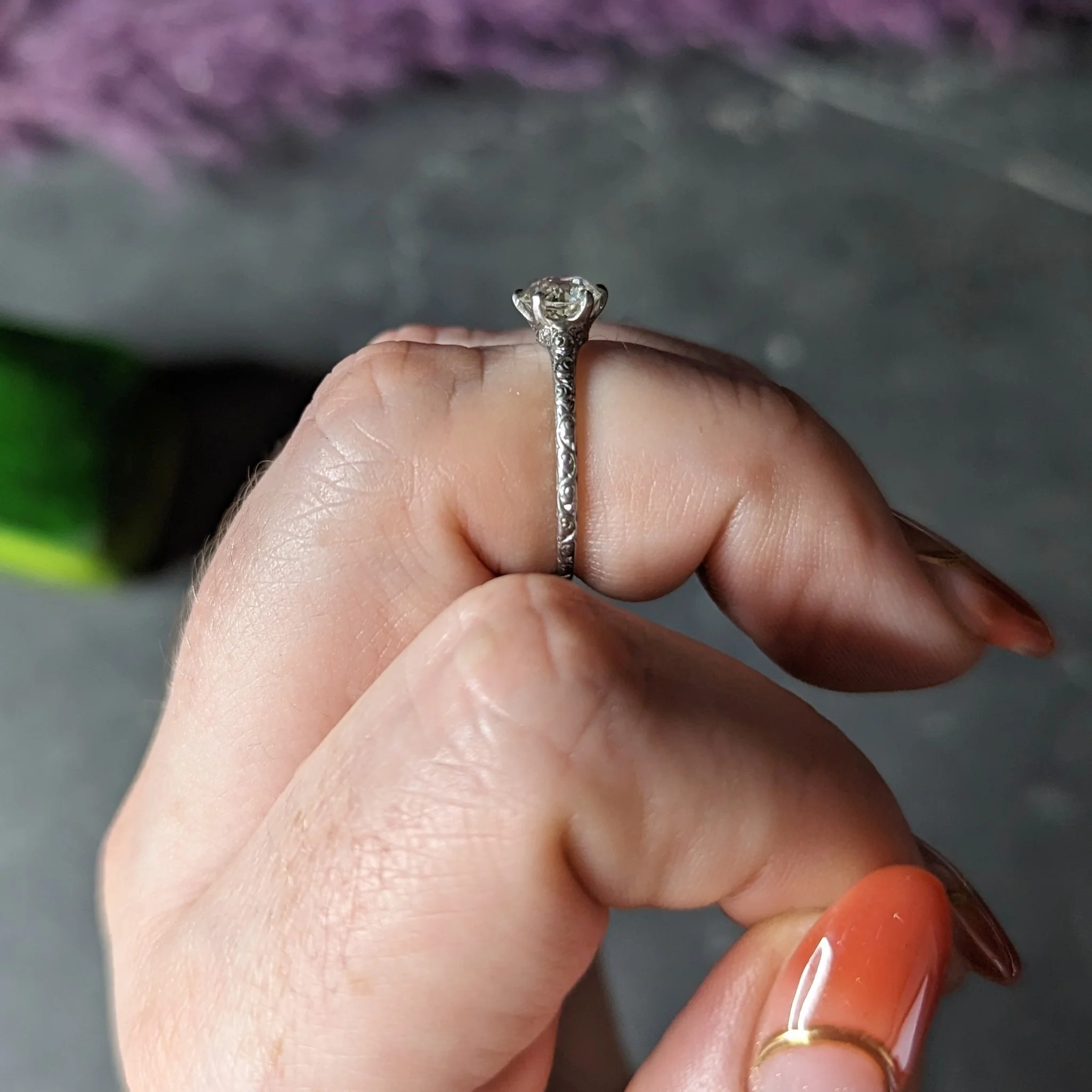 Edwardian 0.85 CTW Old European Cut Diamond Platinum Scrolling Antique Solitaire Engagement Ring - Image 14