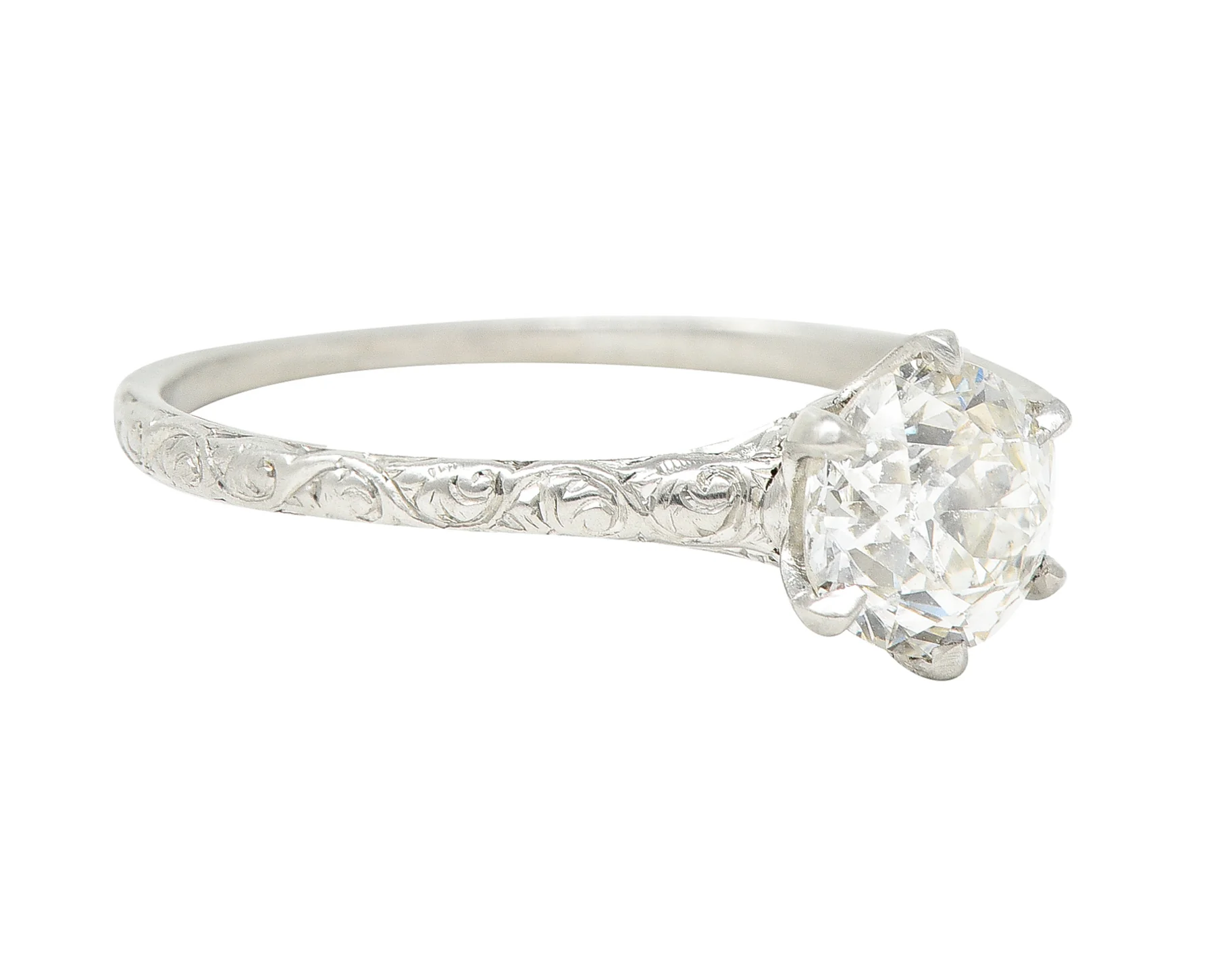 Edwardian 0.85 CTW Old European Cut Diamond Platinum Scrolling Antique Solitaire Engagement Ring - Image 3