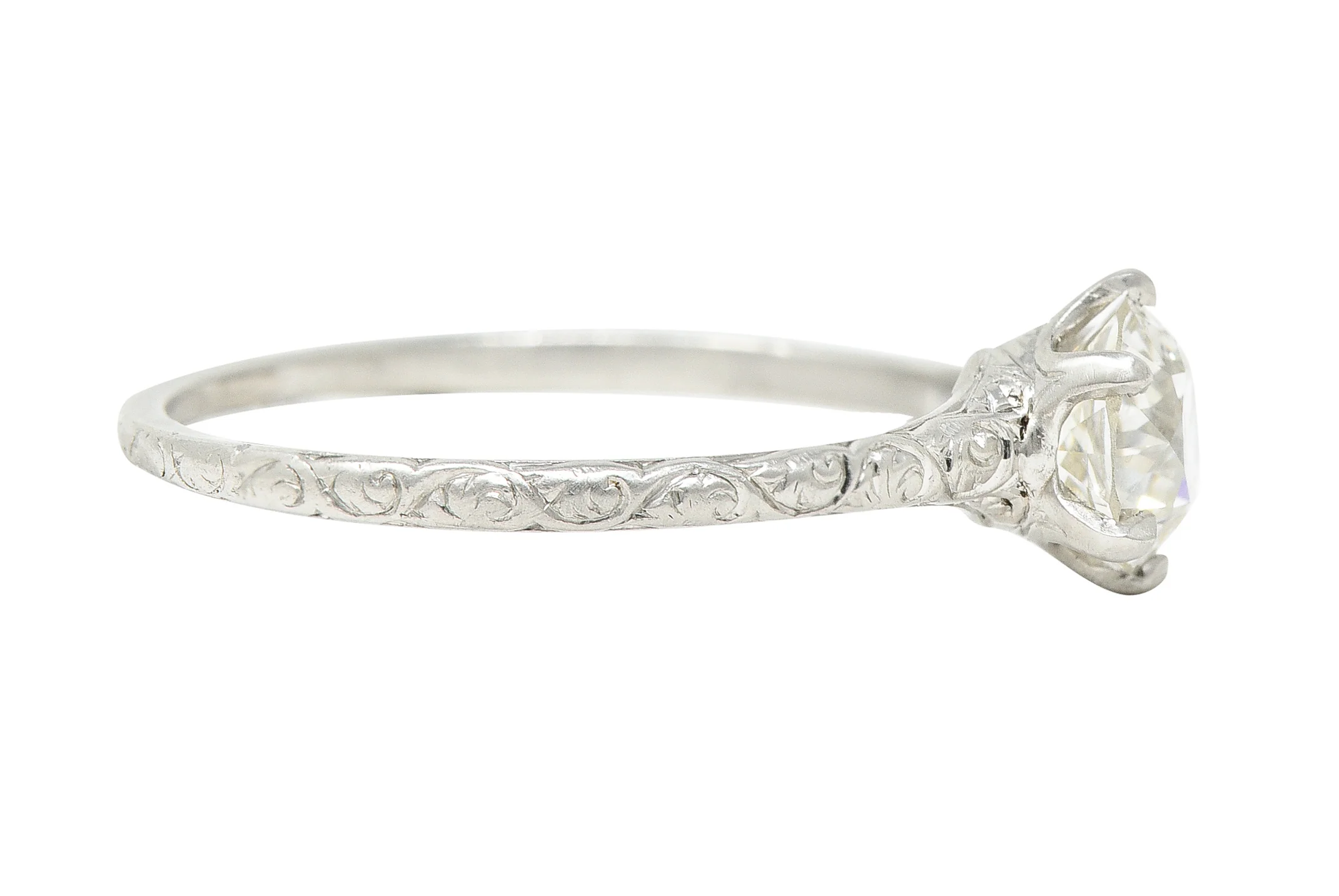 Edwardian 0.85 CTW Old European Cut Diamond Platinum Scrolling Antique Solitaire Engagement Ring - Image 4