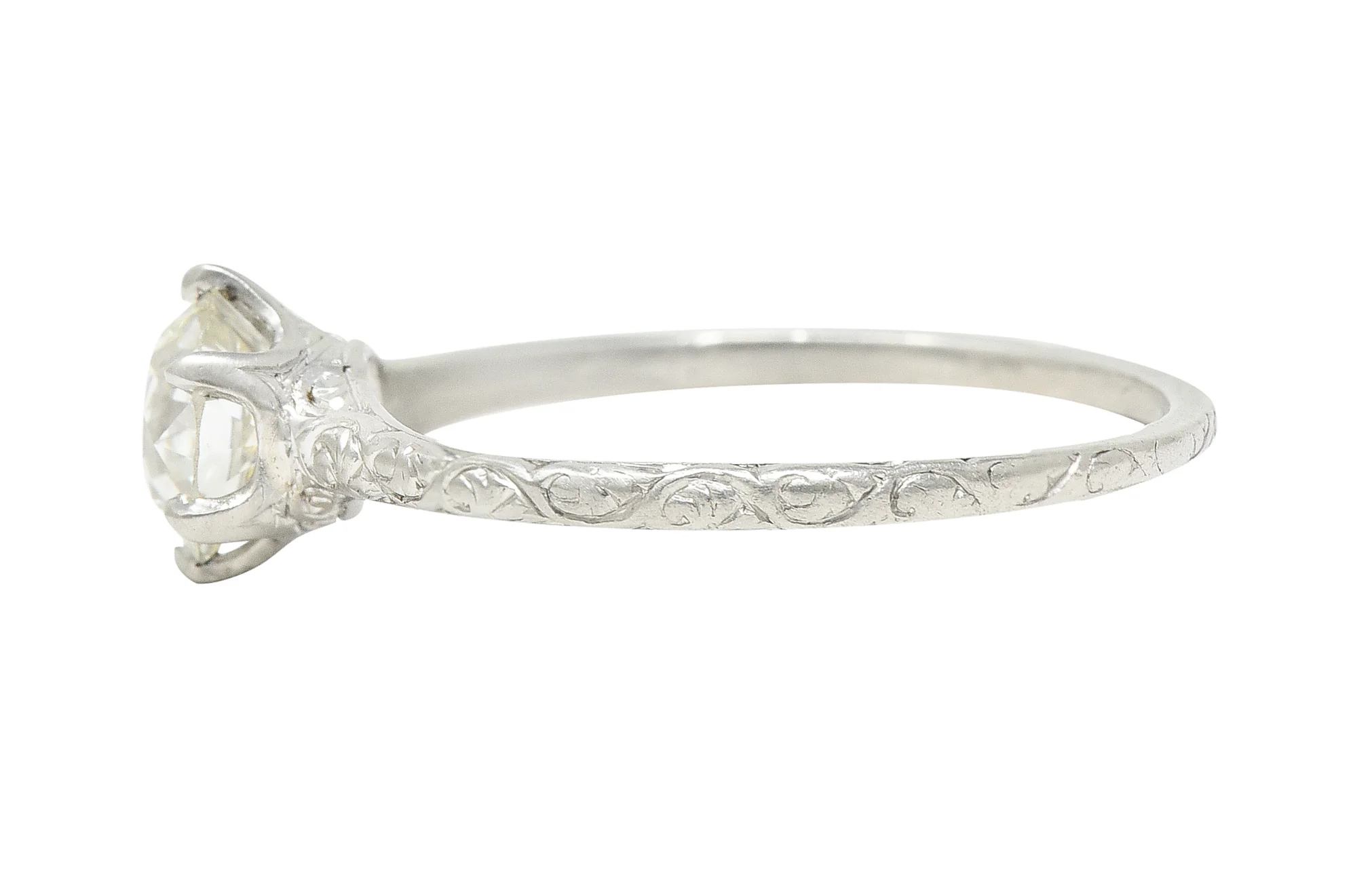 Edwardian 0.85 CTW Old European Cut Diamond Platinum Scrolling Antique Solitaire Engagement Ring - Image 6