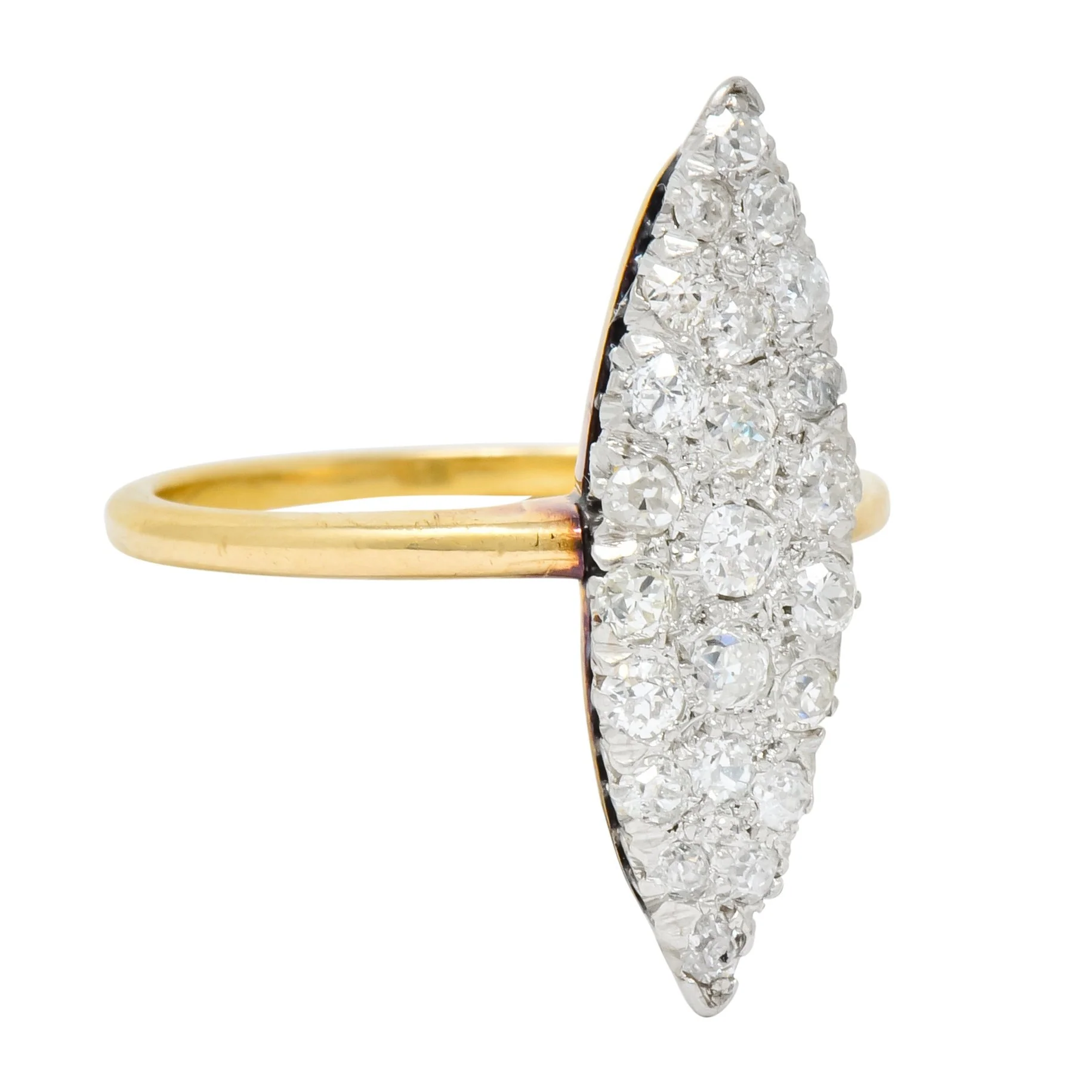 Edwardian 0.88 CTW Diamond Platinum-Topped 14 Karat Gold Navette Cluster Ring - Image 2