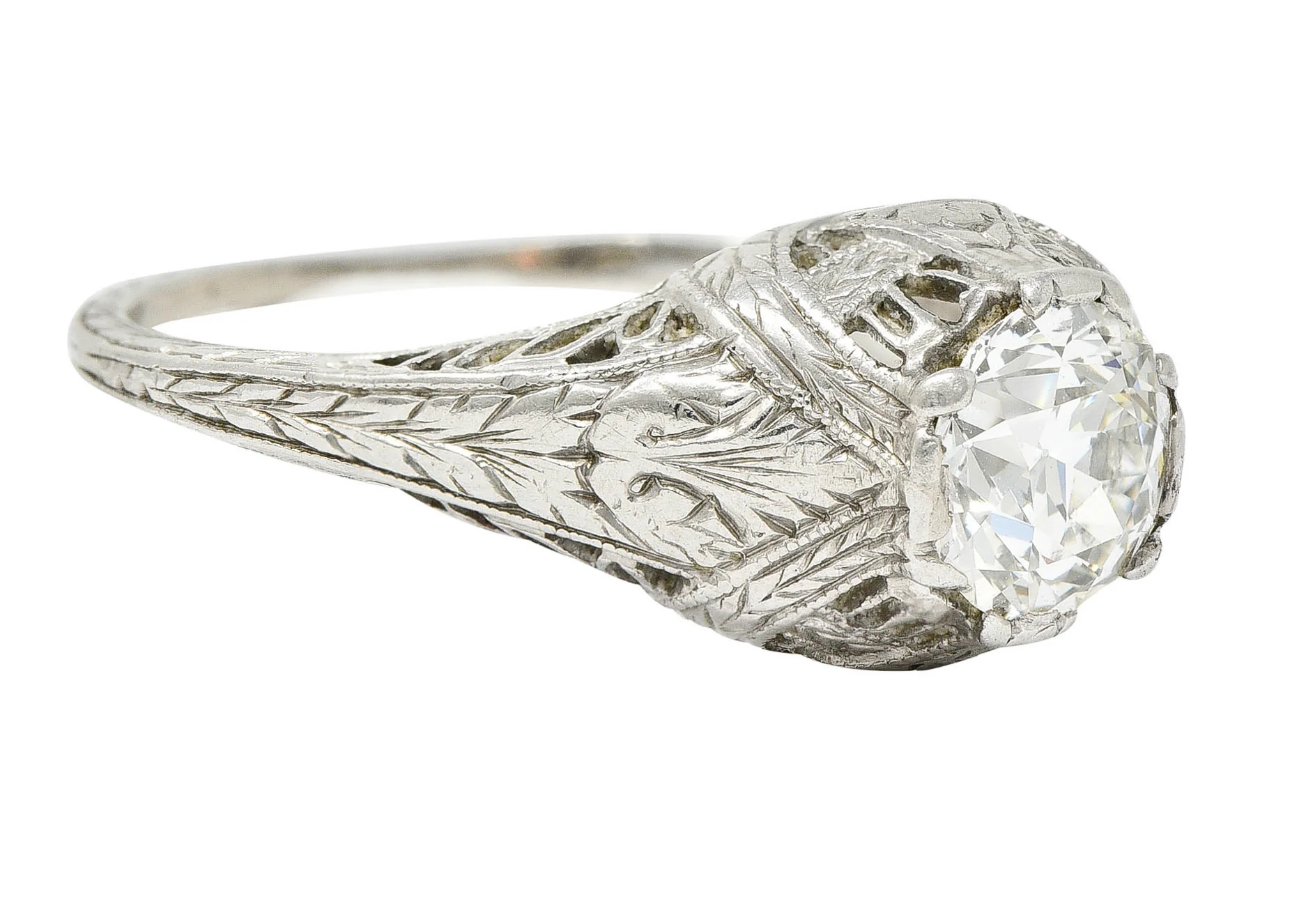 Edwardian 0.95 CTW Diamond Platinum Laurel Foliate Engagement Ring - Image 3