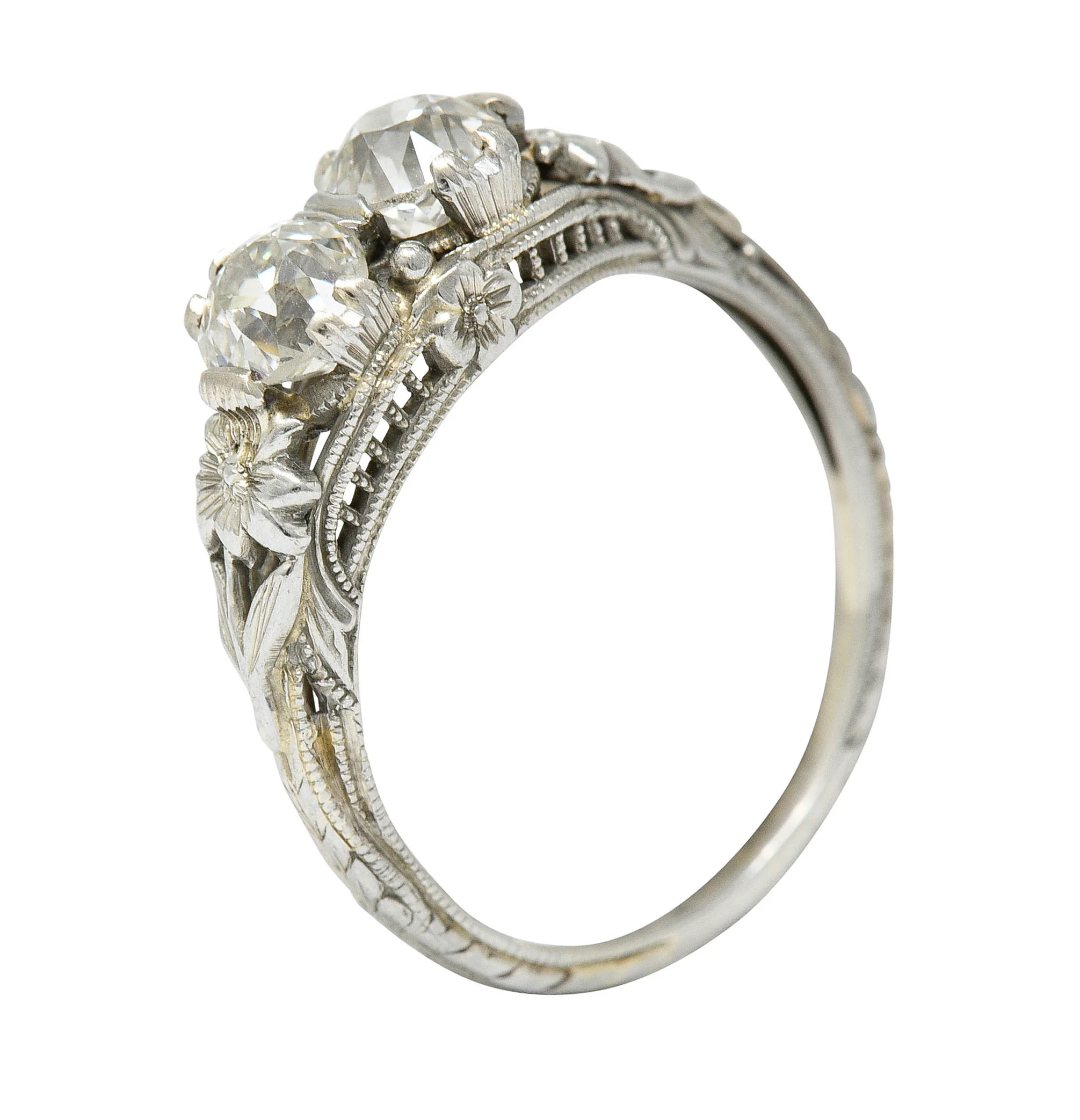 Edwardian 0.95 CTW Double Diamond 18 Karat White Gold Toi Et Moi Ring - Image 11