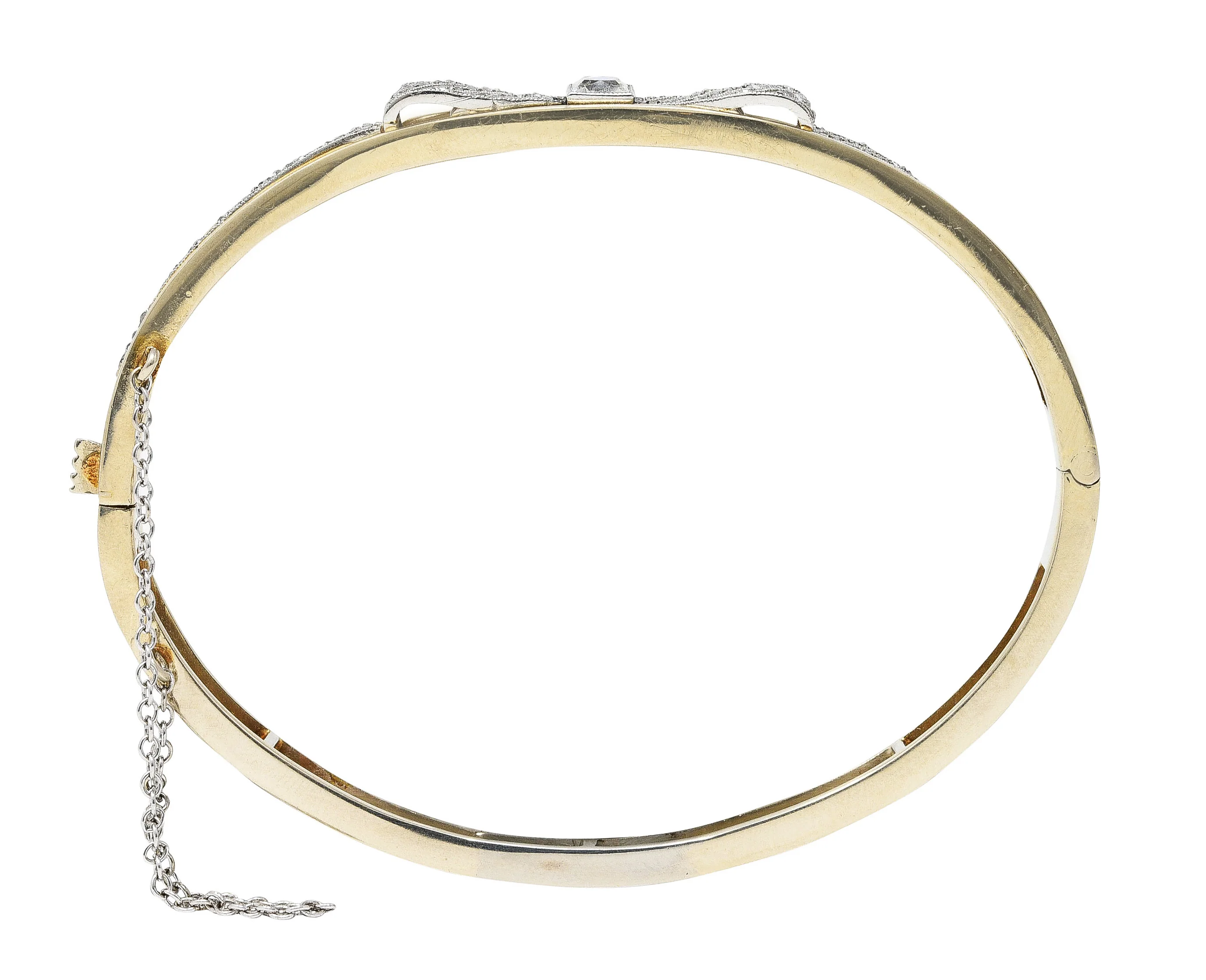 Edwardian 1.04 CTW French Cut Diamond Platinum-Topped 14 Karat Yellow Gold Bow Antique Bangle Bracelet - Image 8