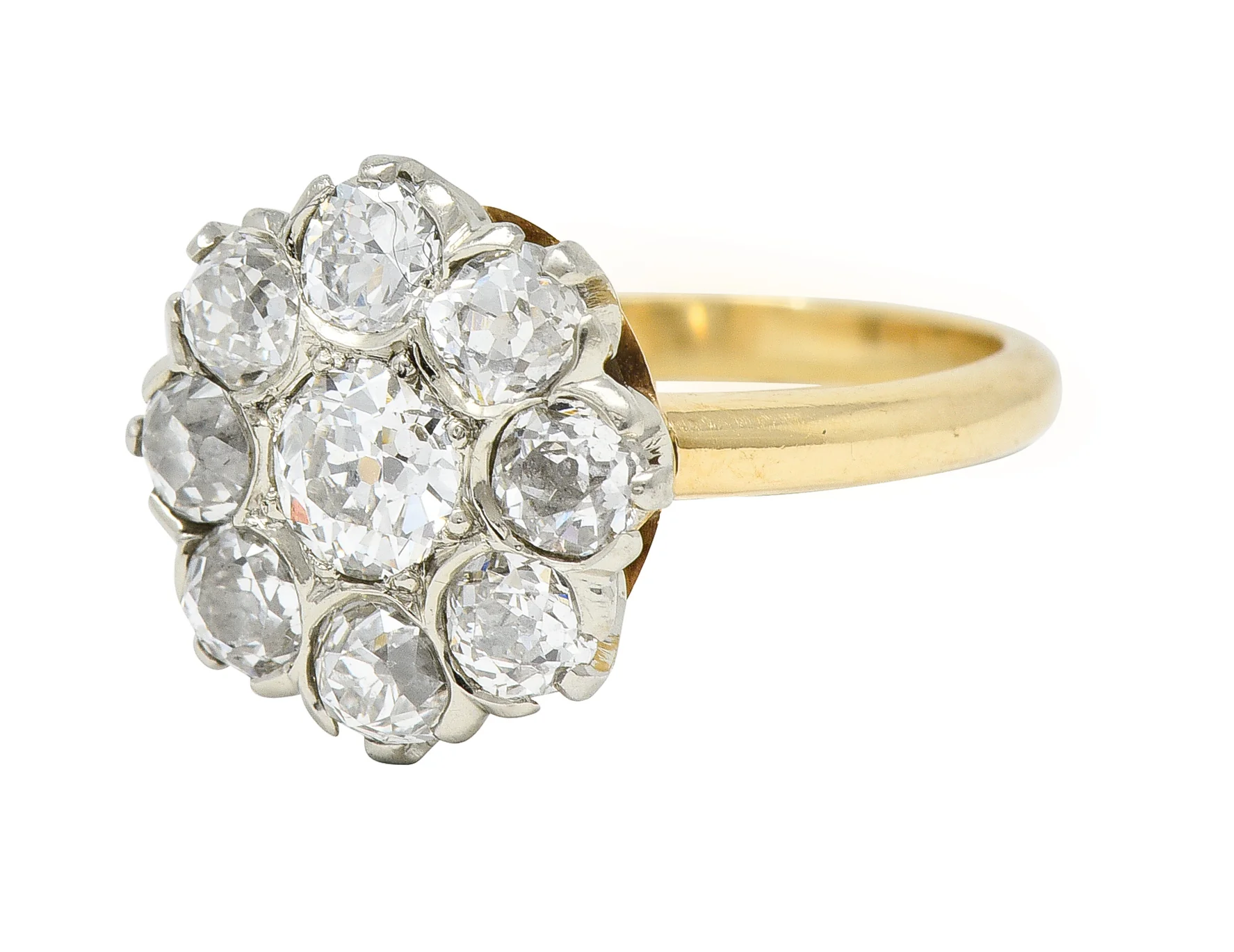 Edwardian 1.05 CTW Old European Cut Diamond 18 Karat Two-Tone Gold Antique Halo Ring - Image 6